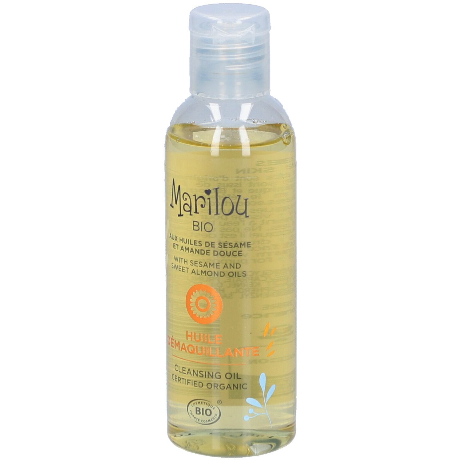 Transparante fles met gele olie. Opschrift: Marilou Bio, Huile Démaquillante. Bio-certificering.