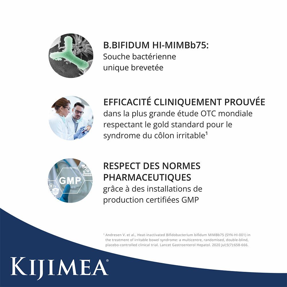 Doosje KIJIMEA® Côlon Irritable PRO. Bevat 30 capsules. Tekst over ingrediënten en gebruik. FSC-label.