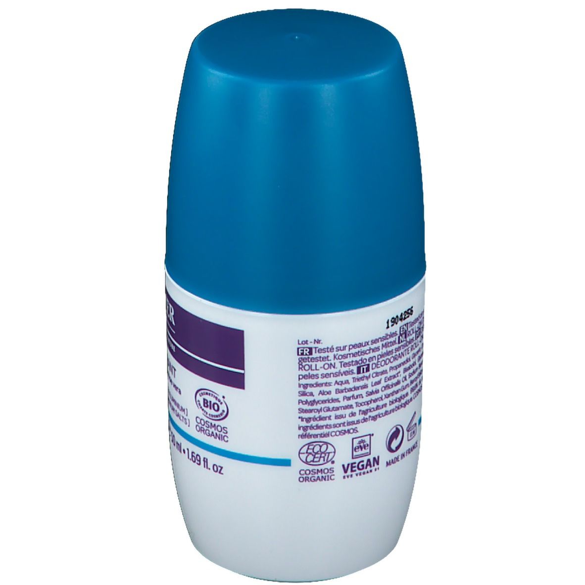 Déodorant roll-on avec bouchon bleu. Certifié bio et vegan. Inscription : 50 ml - 1.69 fl. oz.