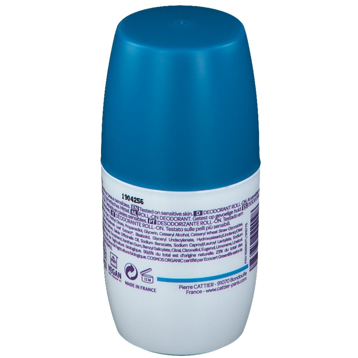 Déodorant roll-on avec bouchon bleu. Inscription : Testé sur peau sensible. Label vegan. Fabriqué en France.