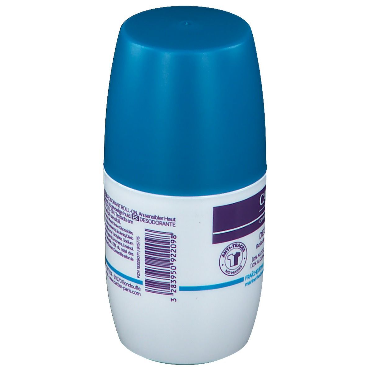 Déodorant roll-on avec bouchon bleu. Inscription : Déodorant Roll-On. Code-barres et adresse du fabricant. Logo anti-traces.