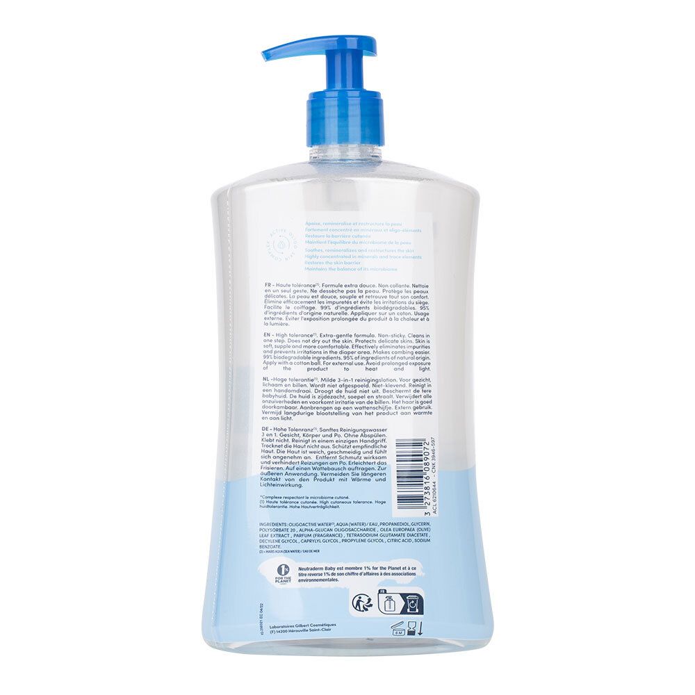 Achterkant van de Neutraderm Baby reinigingswaterfles. Tekst in meerdere talen. Blauwe en witte kleurovergang.