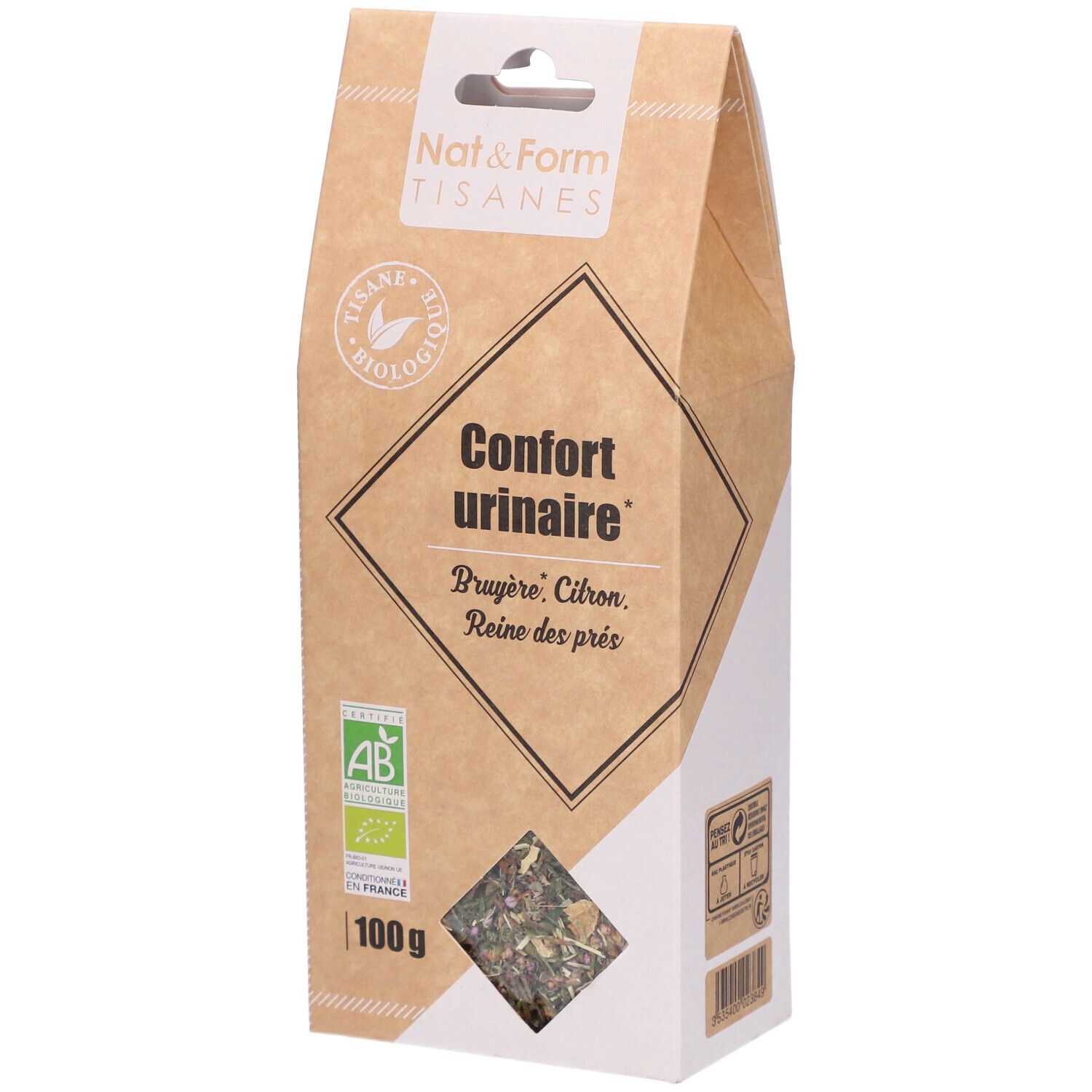 Bruine verpakking met productnaam en logo. Venster met kruiden. AB bio-label. 100g.