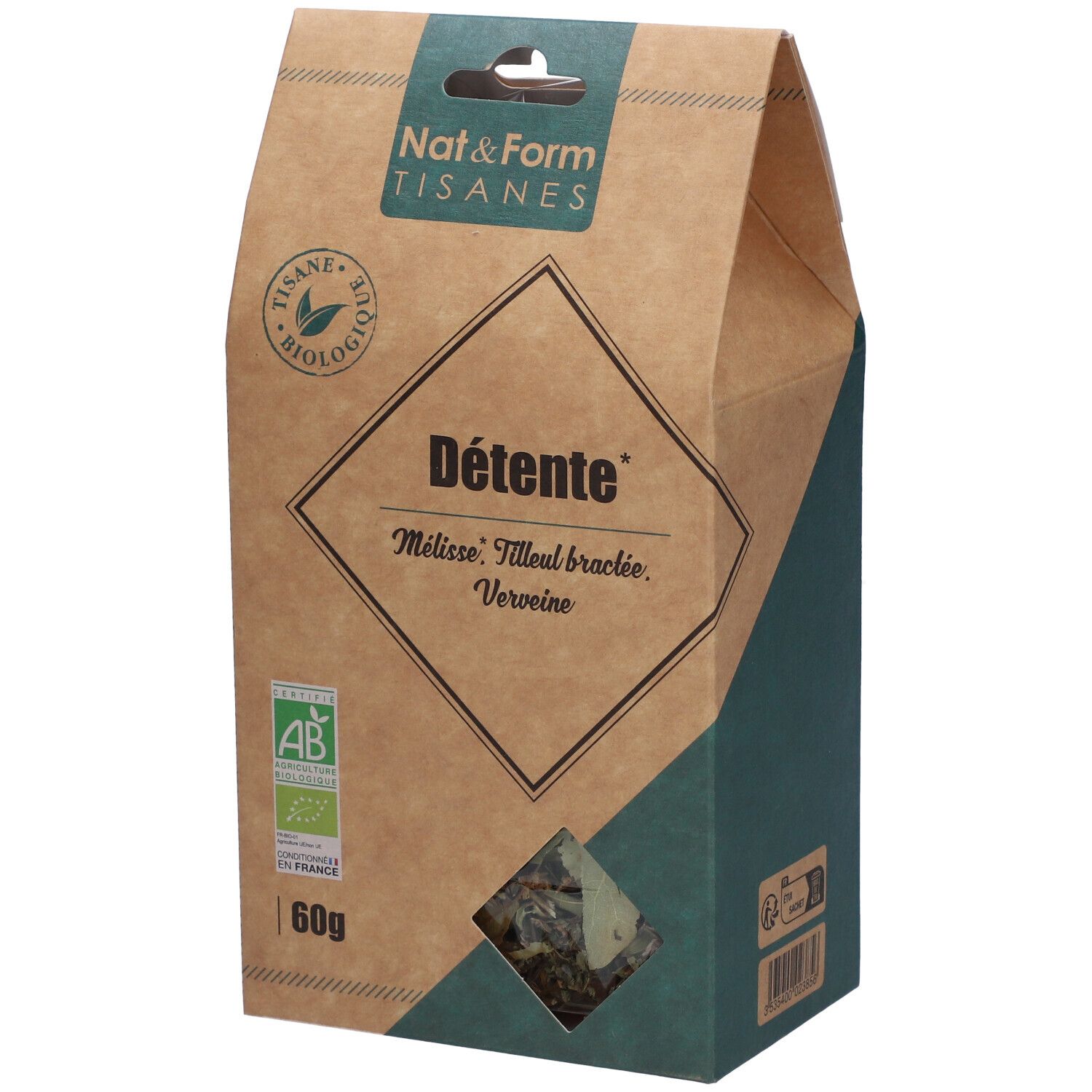 Boîte en carton "Détente" avec logo bio et indication de poids 60g. Contient un mélange d'herbes.