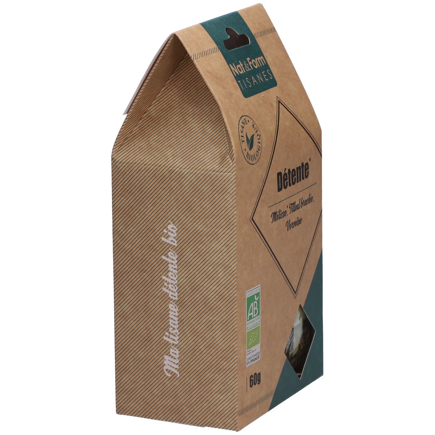 Profil de la boîte "Détente". Inscriptions : "Nat&Form Tisanes", logo bio et "Ma tisane détente bio".