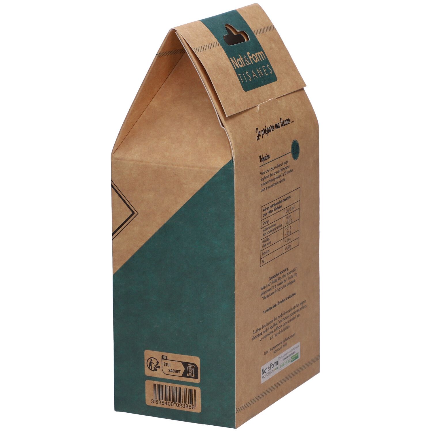 Vue latérale de la boîte "Détente". Avec texte et symboles de recyclage. Logo bio.