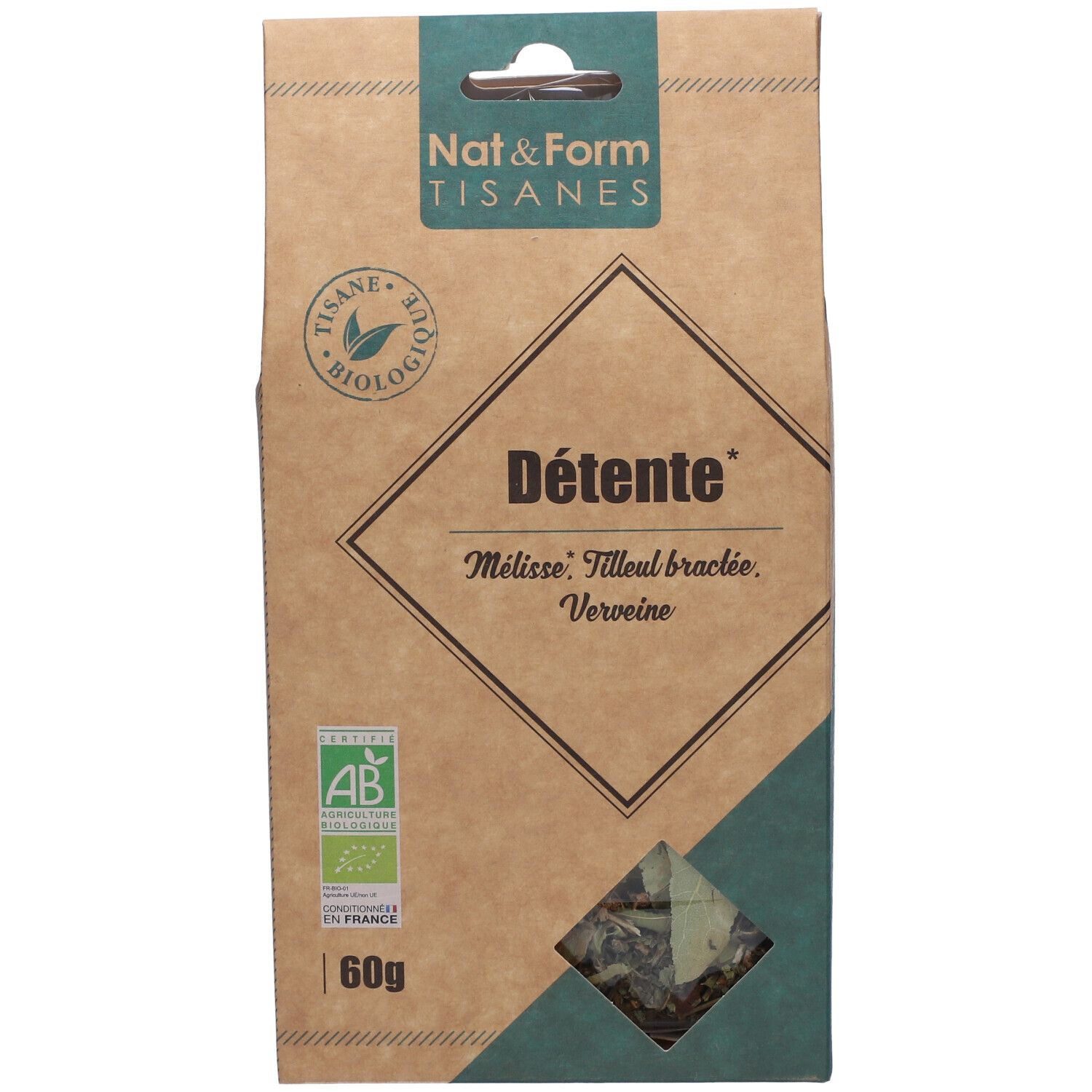 Boîte "Détente" avec mélange de plantes. Inscriptions : "Nat&Form Tisanes", logo bio et poids 60g.