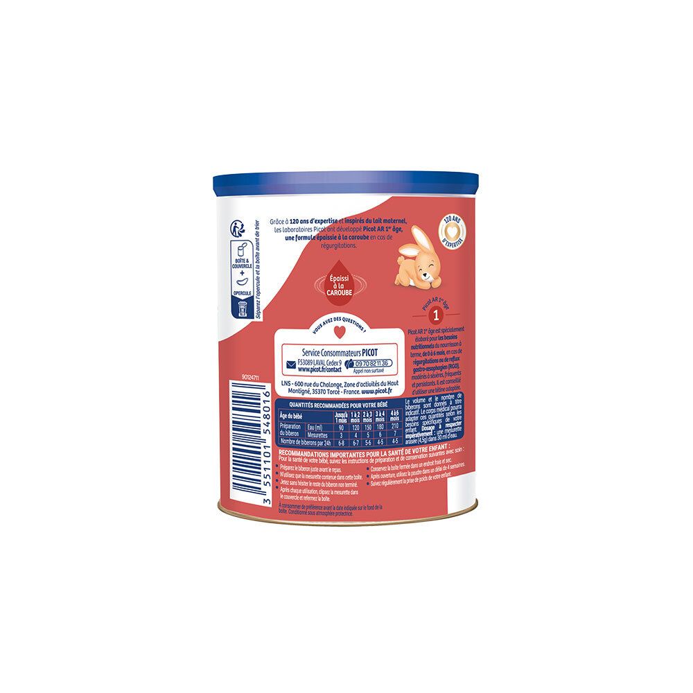 Dos de la boîte Picot AR 1. Texte, illustrations et informations. Boîte rouge, couvercle bleu.