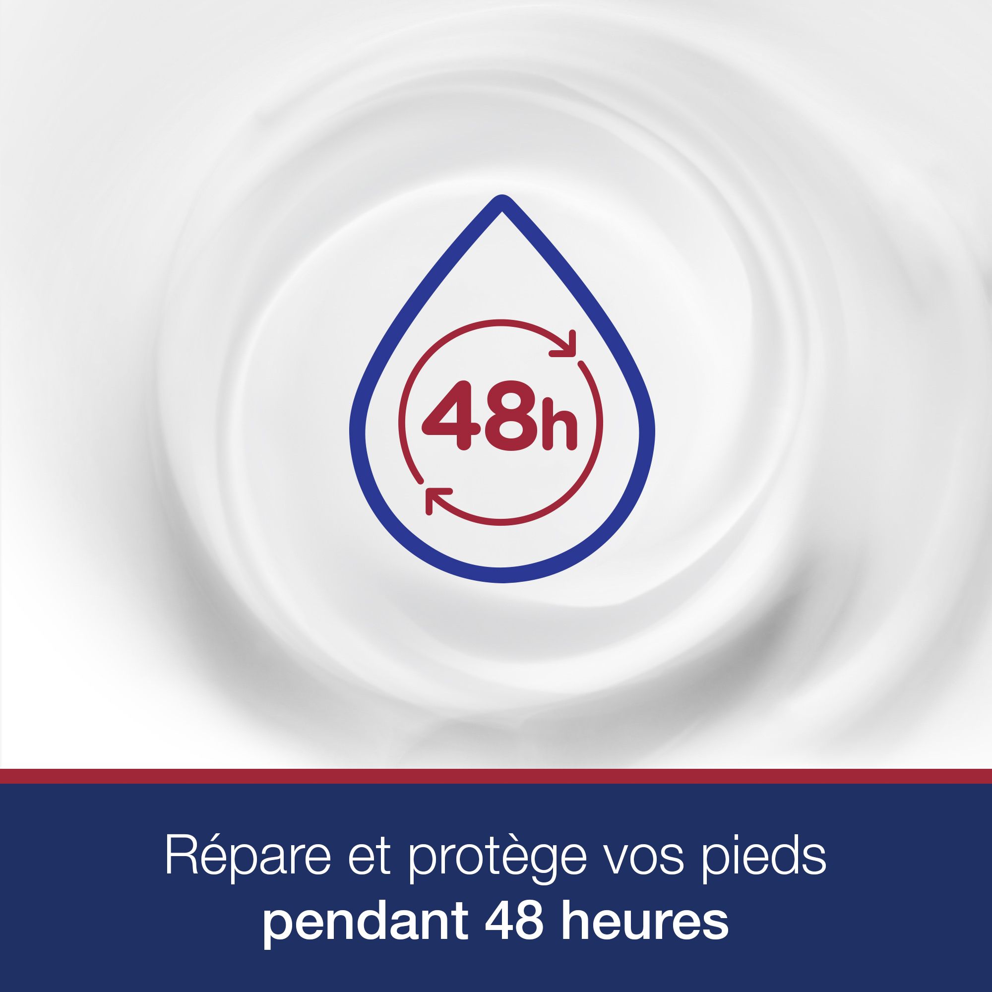 Symbole: goutte avec 48h. Texte: Répare et protège vos pieds pendant 48 heures.