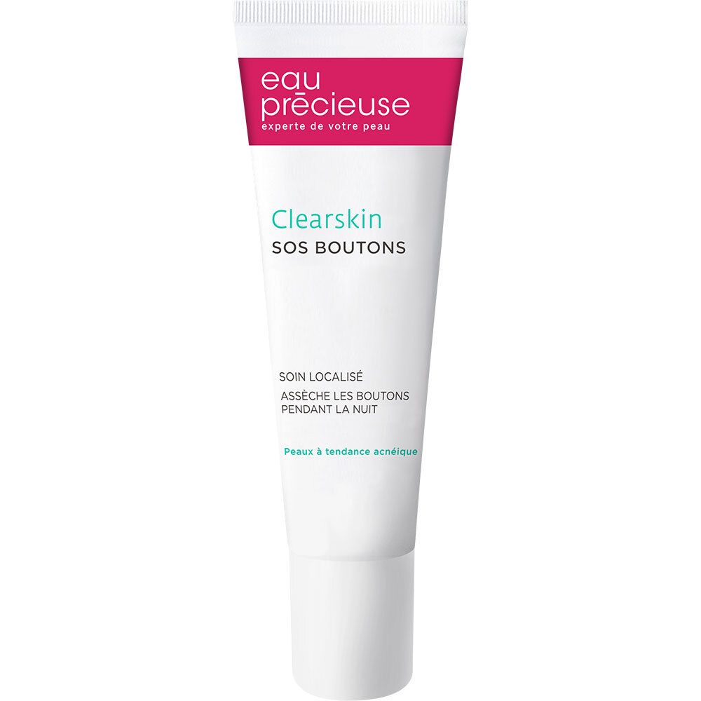 Witte tube met rode dop en tekst Eau Précieuse Clearskin SOS Boutons. Soin localisé, Peaux à tendance acnéique.