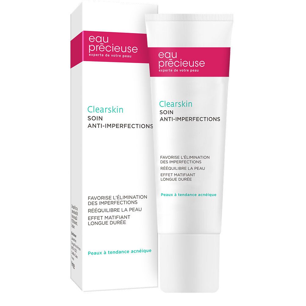 Tube et emballage. Inscription: Eau Précieuse Clearskin Anti-Imperfections. Rose et blanc.