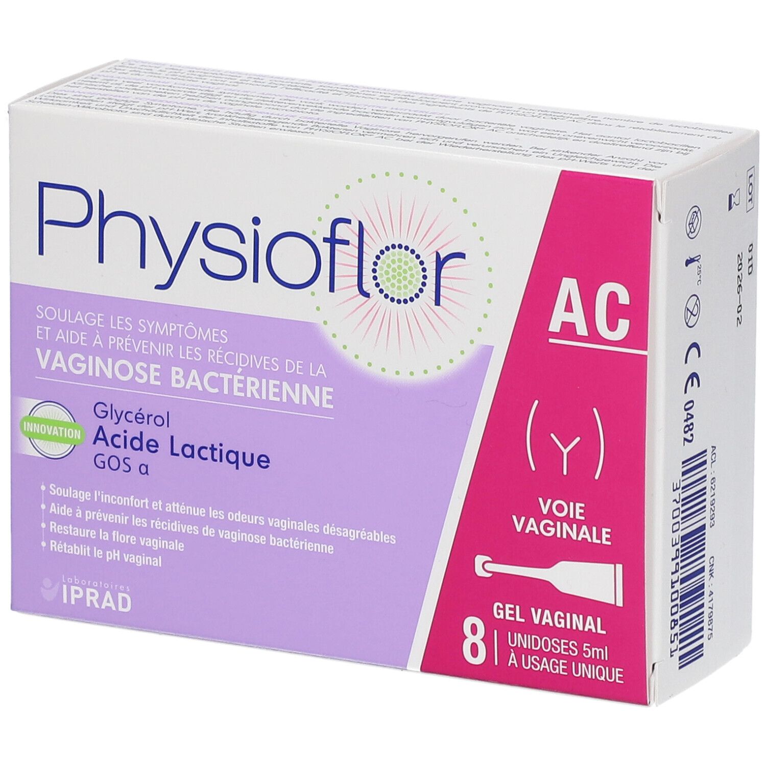Boîte de Physioflor AC Gel vaginal. Contient 8 unidoses. Inscription : 'Voie vaginale'.