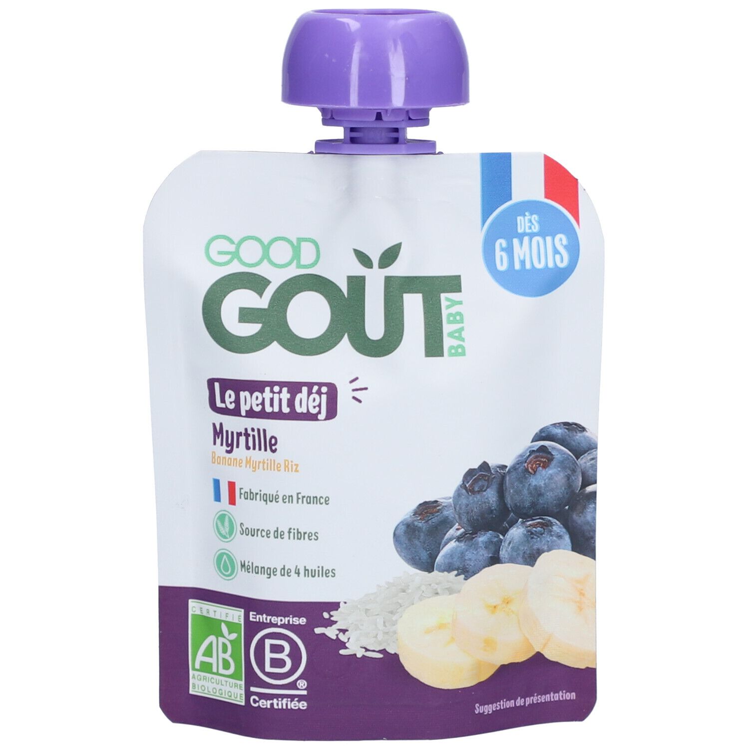 Zakje babyvoeding Good Goût. Opschrift: Le petit déj Myrtille. Franse vlag, AB-certificering.