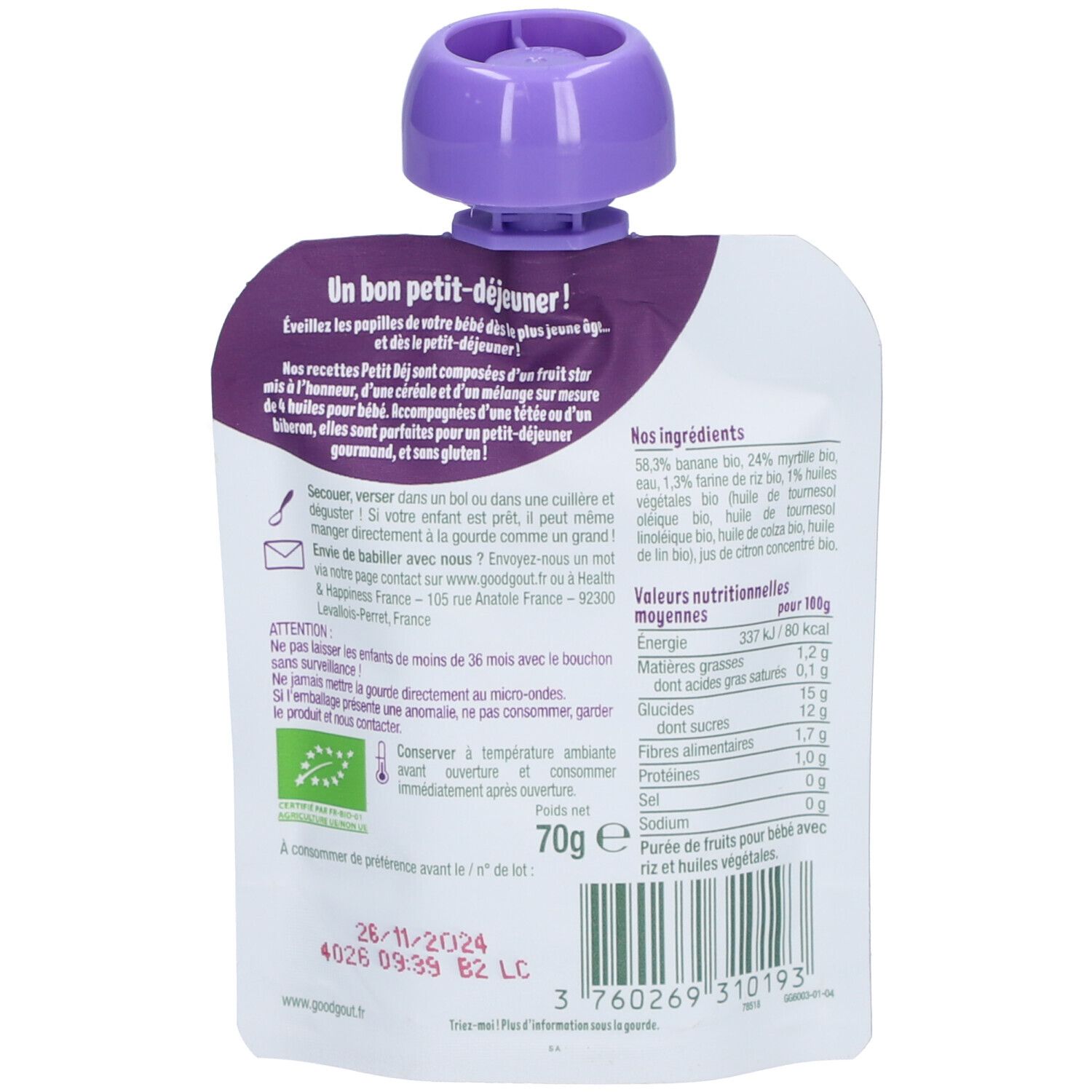Achterkant van het zakje babyvoeding. Tekst: ingrediënten, voedingswaarden, houdbaarheidsdatum. Bio-certificering.