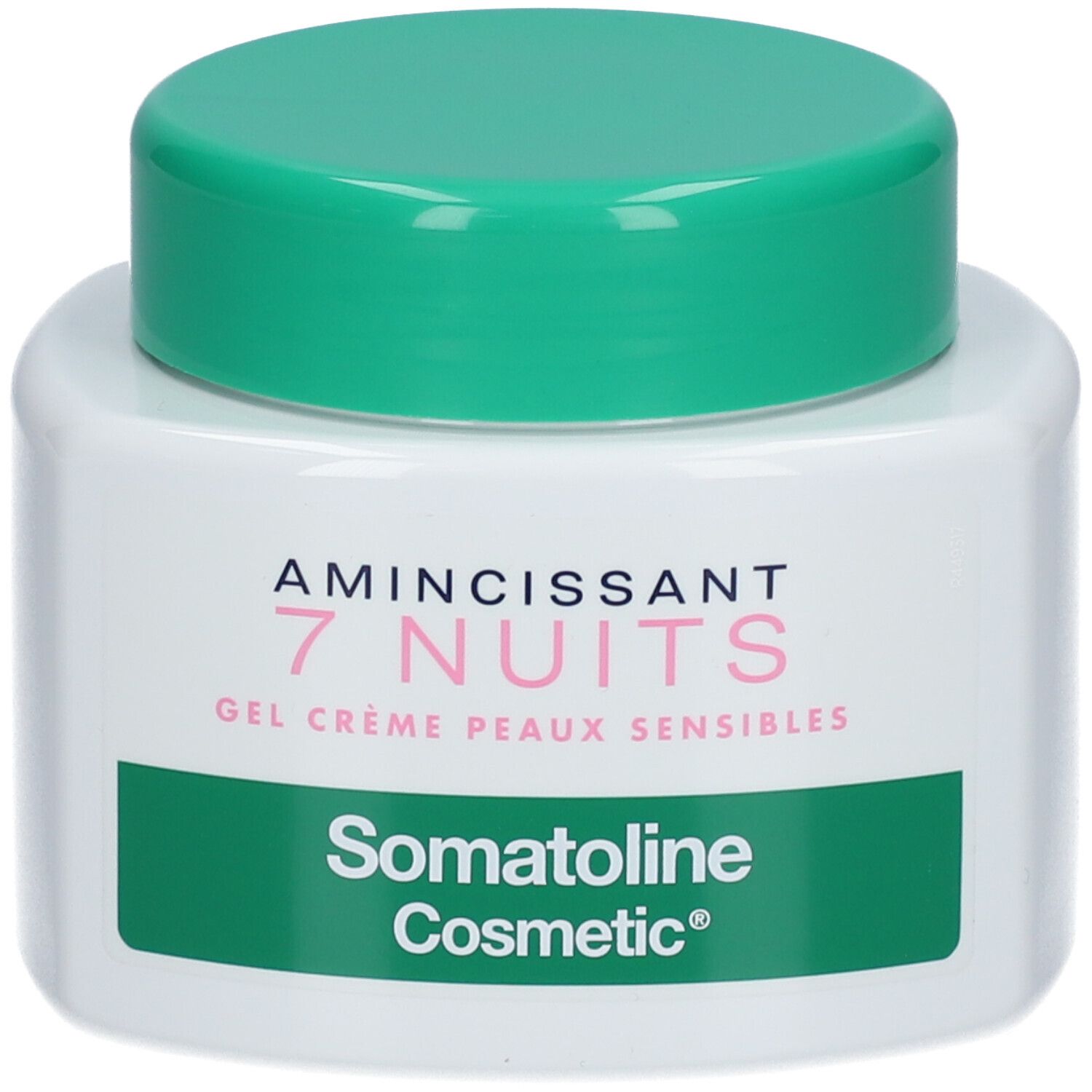 Pot blanc avec couvercle vert. Inscription : Amincissant 7 Nuits, Gel Crème Peaux Sensibles, Somatoline Cosmetic.
