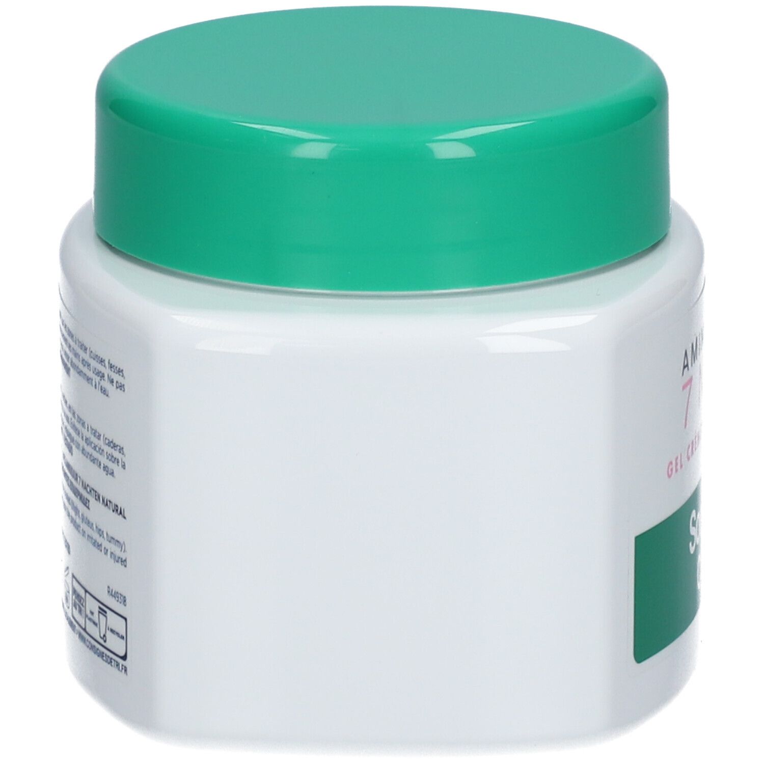 Pot blanc avec couvercle vert. Dos avec texte. Inscription : Amincissant 7 Nuits, Somatoline Cosmetic.