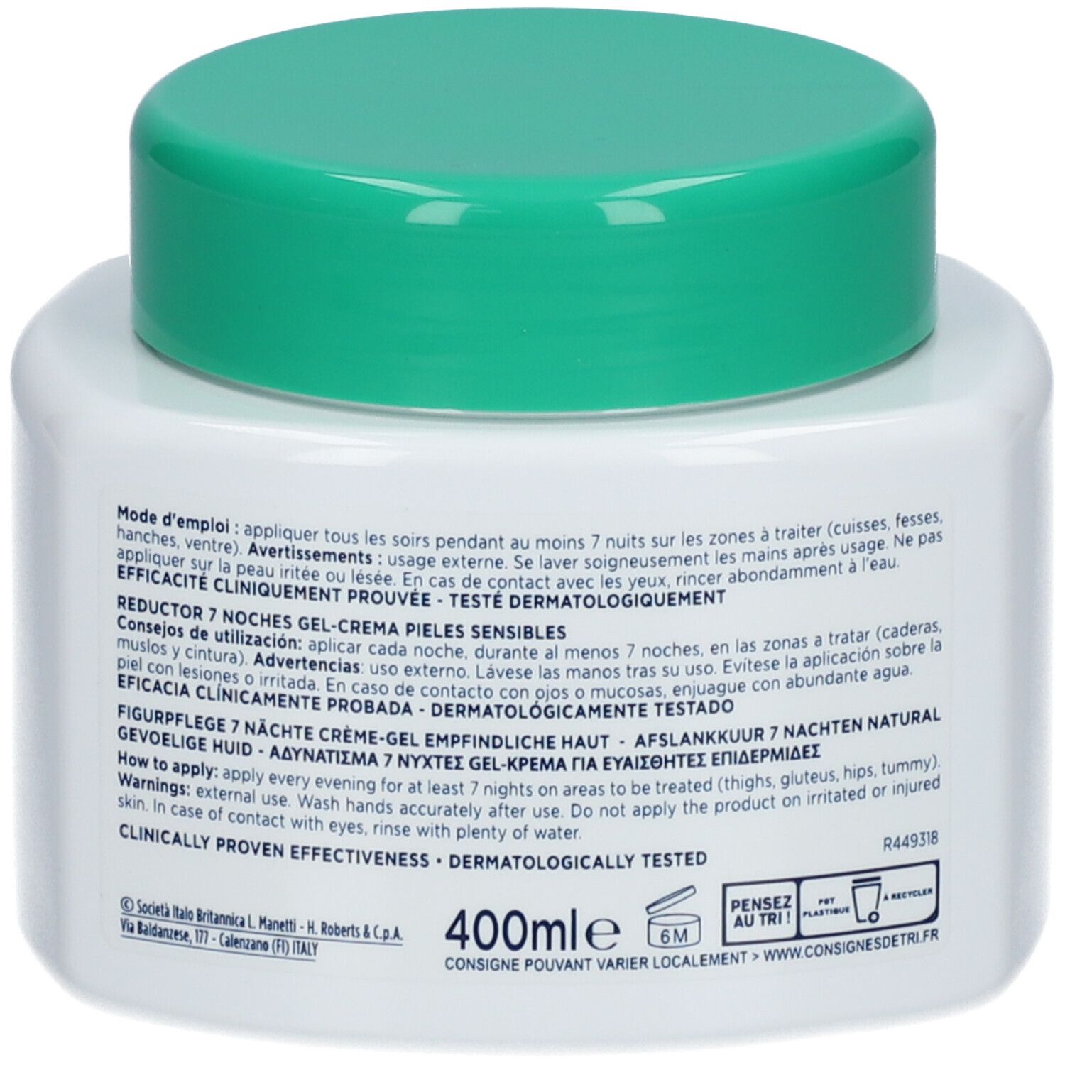 Pot blanc avec couvercle vert. Dos avec texte. Inscription : Amincissant 7 Nuits, Somatoline Cosmetic.