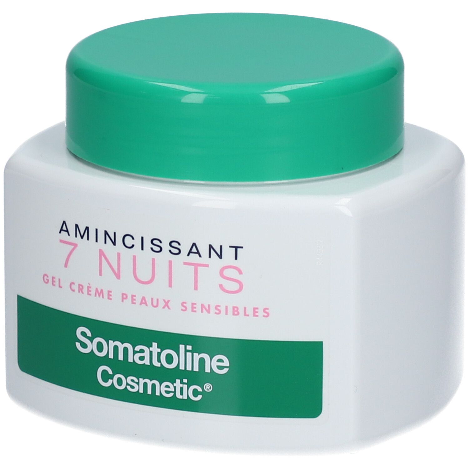 Pot blanc avec couvercle vert. Inscription : Amincissant 7 Nuits, Gel Crème Peaux Sensibles, Somatoline Cosmetic.