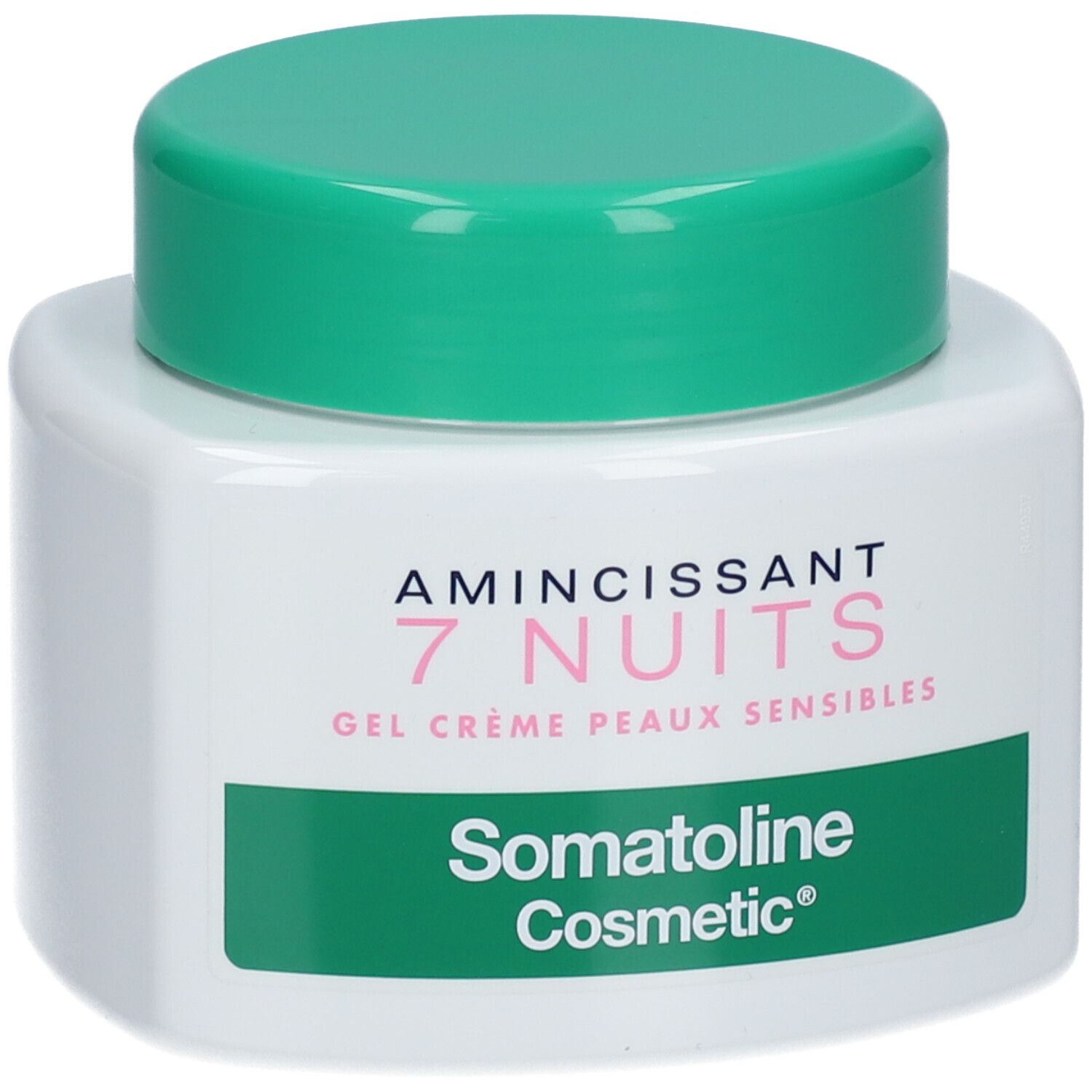 Pot blanc avec couvercle vert. Inscription : Amincissant 7 Nuits, Gel Crème Peaux Sensibles, Somatoline Cosmetic.