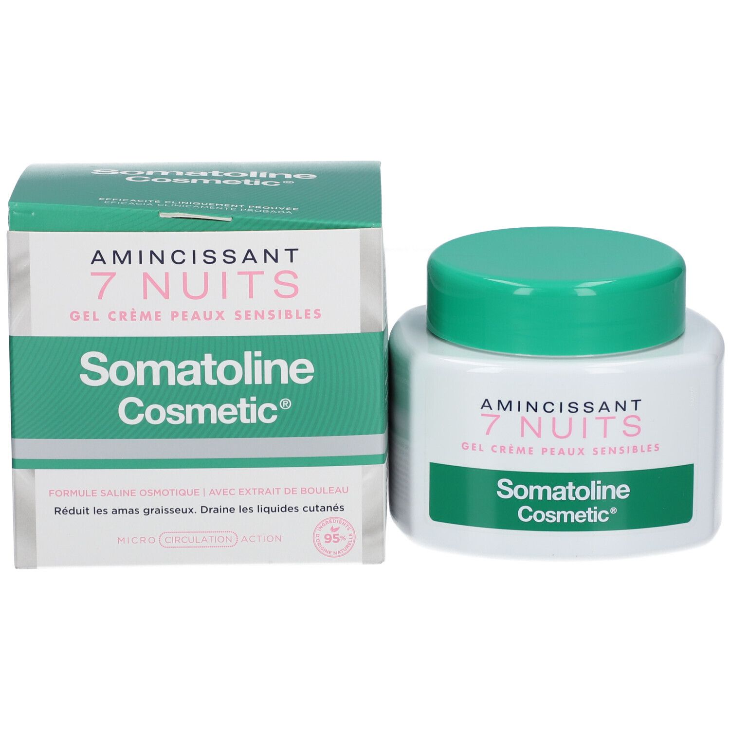Emballage du produit et pot. Inscription : Amincissant 7 Nuits, Gel Crème Peaux Sensibles, Somatoline Cosmetic.