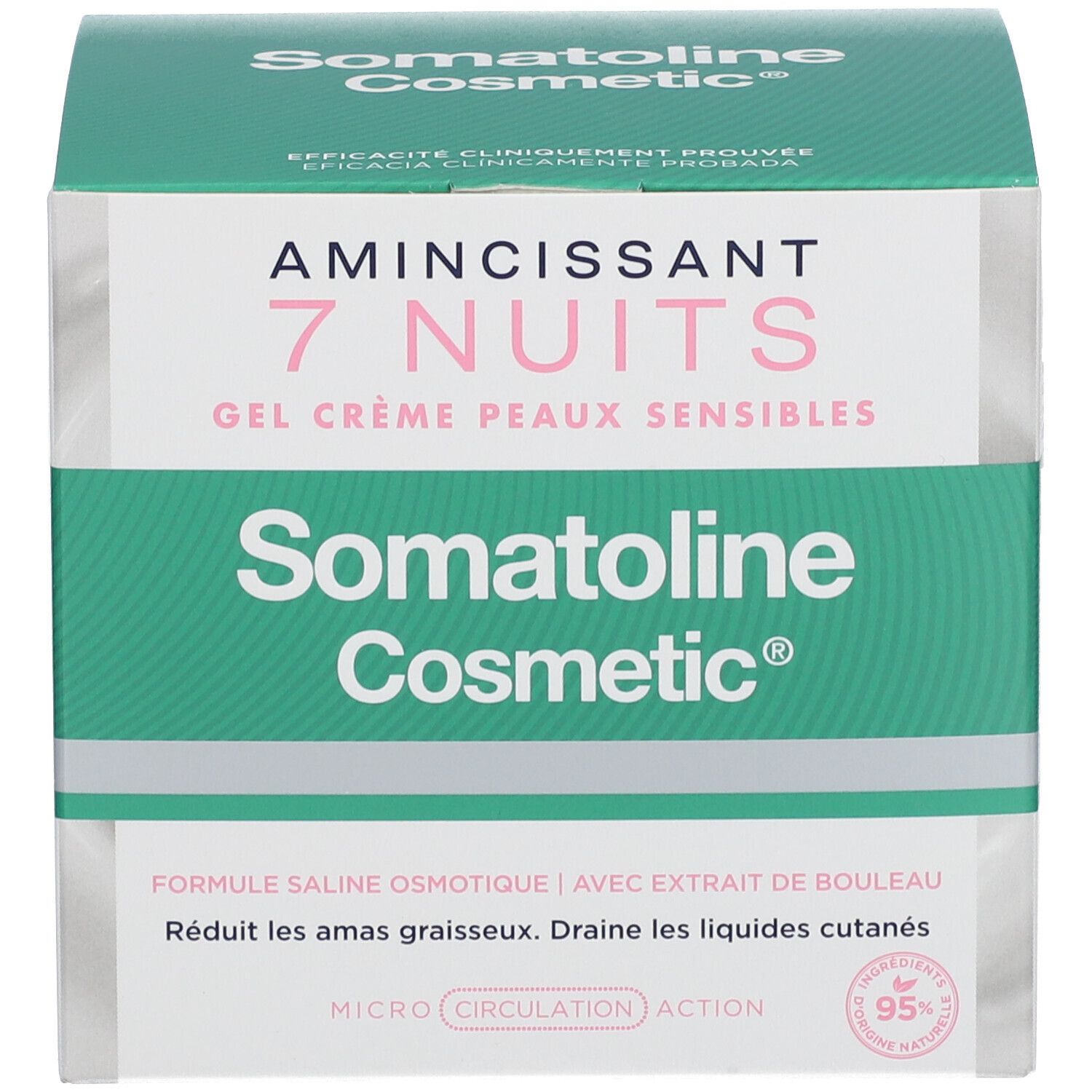 Emballage du produit. Inscription : Amincissant 7 Nuits, Gel Crème Peaux Sensibles, Somatoline Cosmetic.