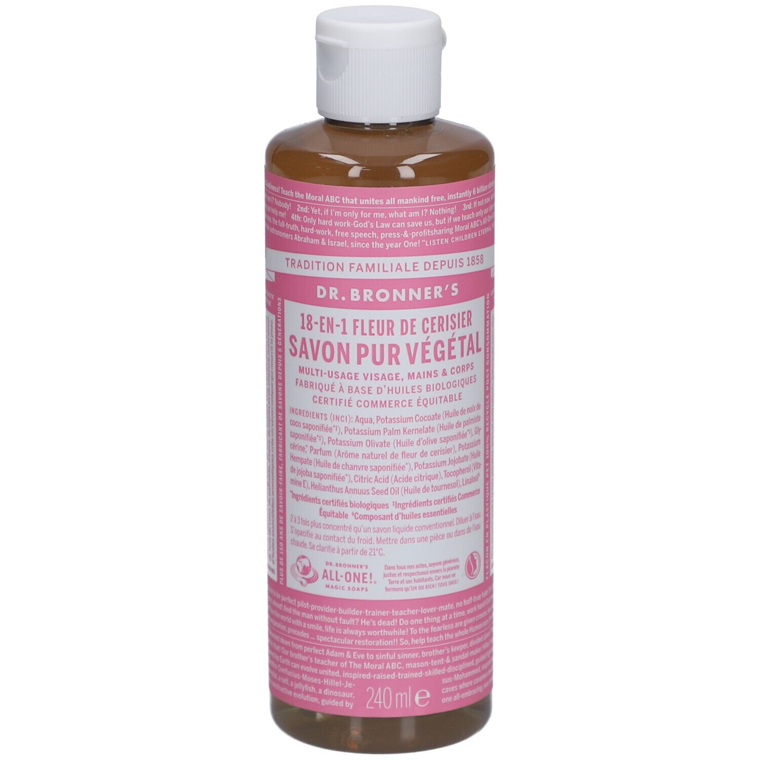 Fles DR BRONNER'S 18-in-1 Fleur de Cerisier zeep. Roze etiket met tekst. Witte dop. 240ml.