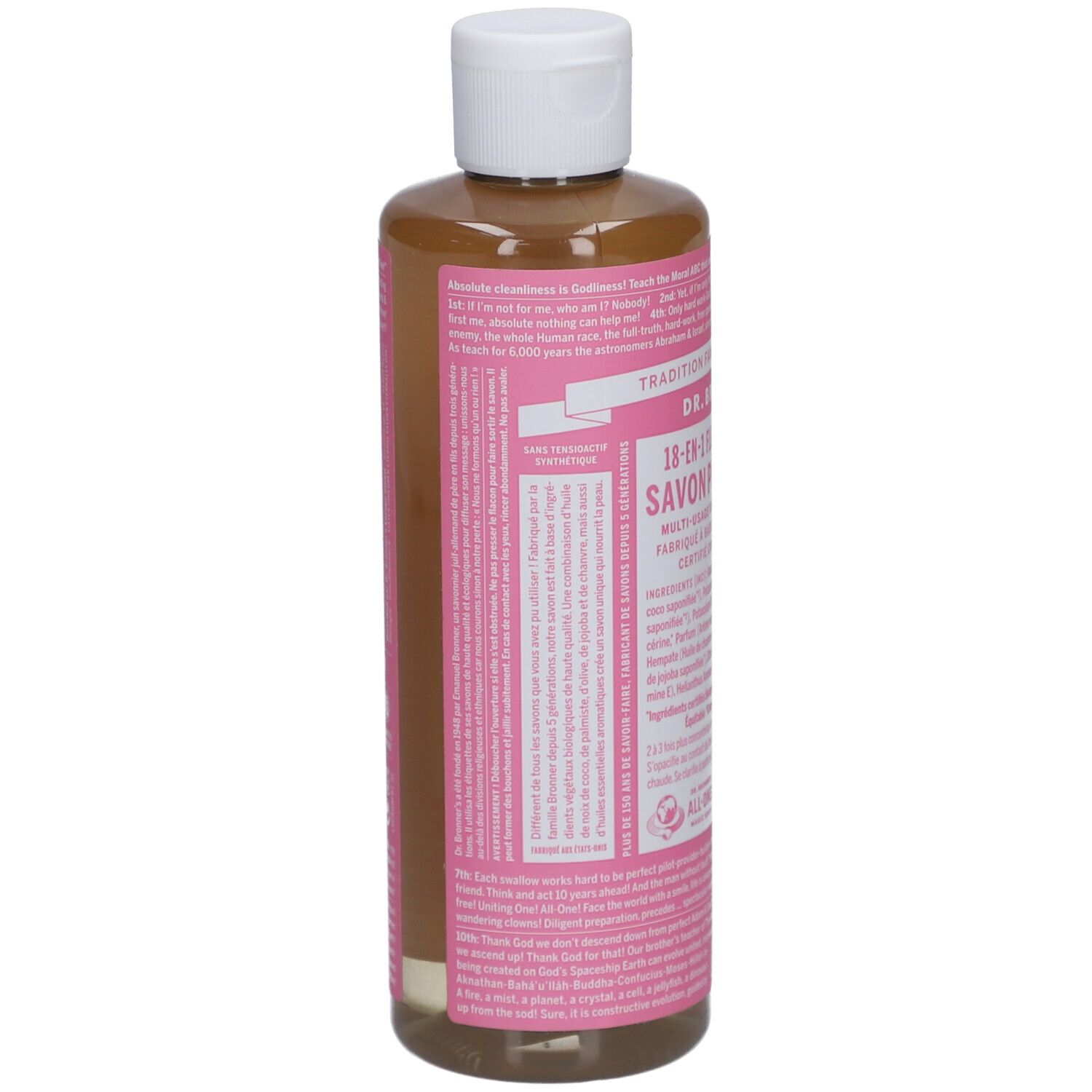 Achteraanzicht van de fles DR BRONNER'S 18-in-1 Fleur de Cerisier zeep. Roze etiket met tekst. Witte dop.