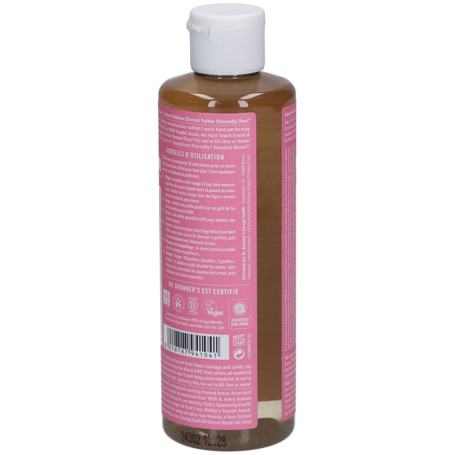 Achteraanzicht van de fles DR BRONNER'S 18-in-1 Fleur de Cerisier zeep. Roze etiket met tekst. Witte dop.