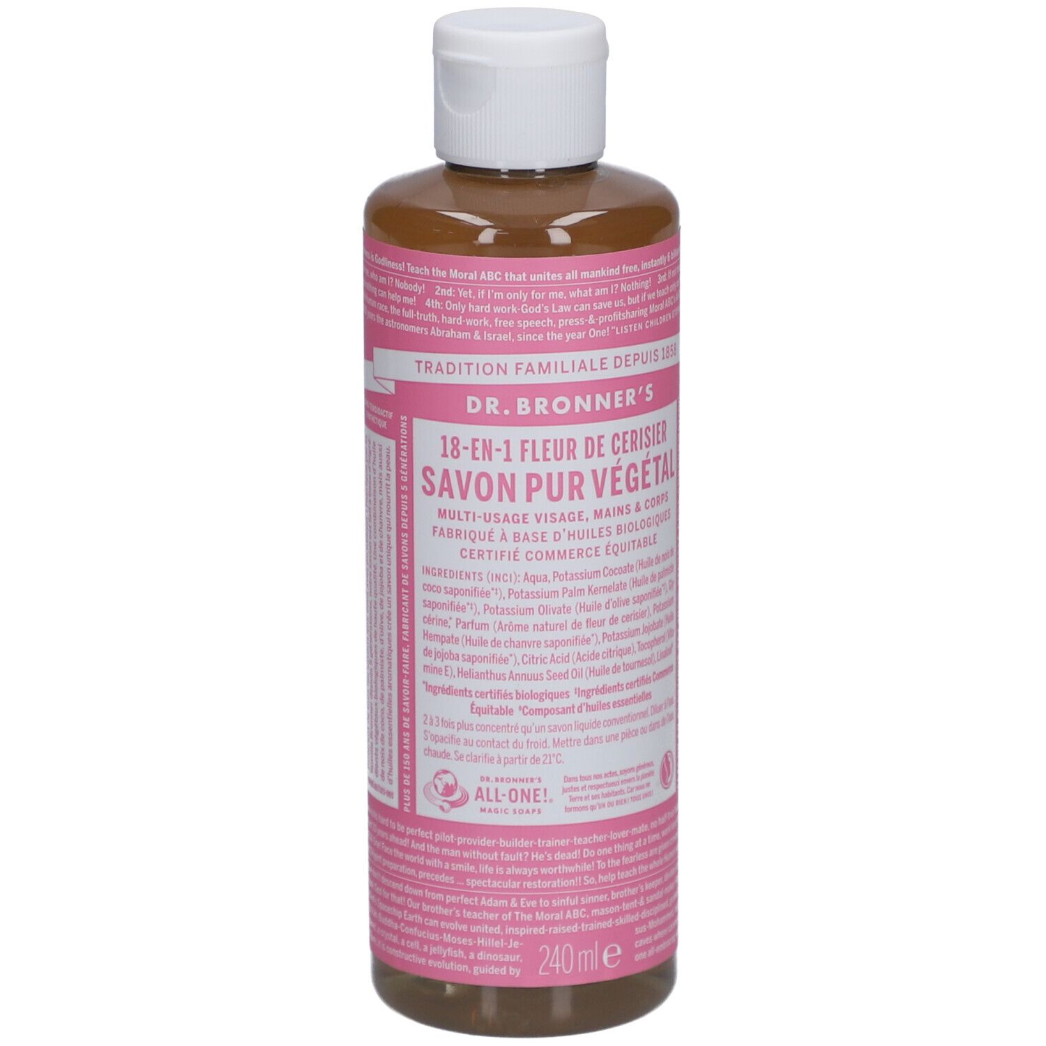 Fles DR BRONNER'S 18-in-1 Fleur de Cerisier zeep. Roze etiket met tekst. Witte dop. 240ml.