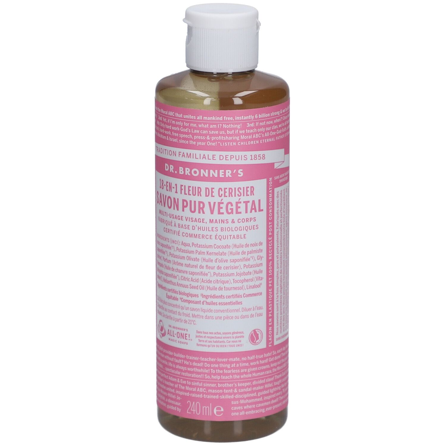 Fles DR BRONNER'S 18-in-1 Fleur de Cerisier zeep. Roze etiket met tekst. Witte dop. 240ml.