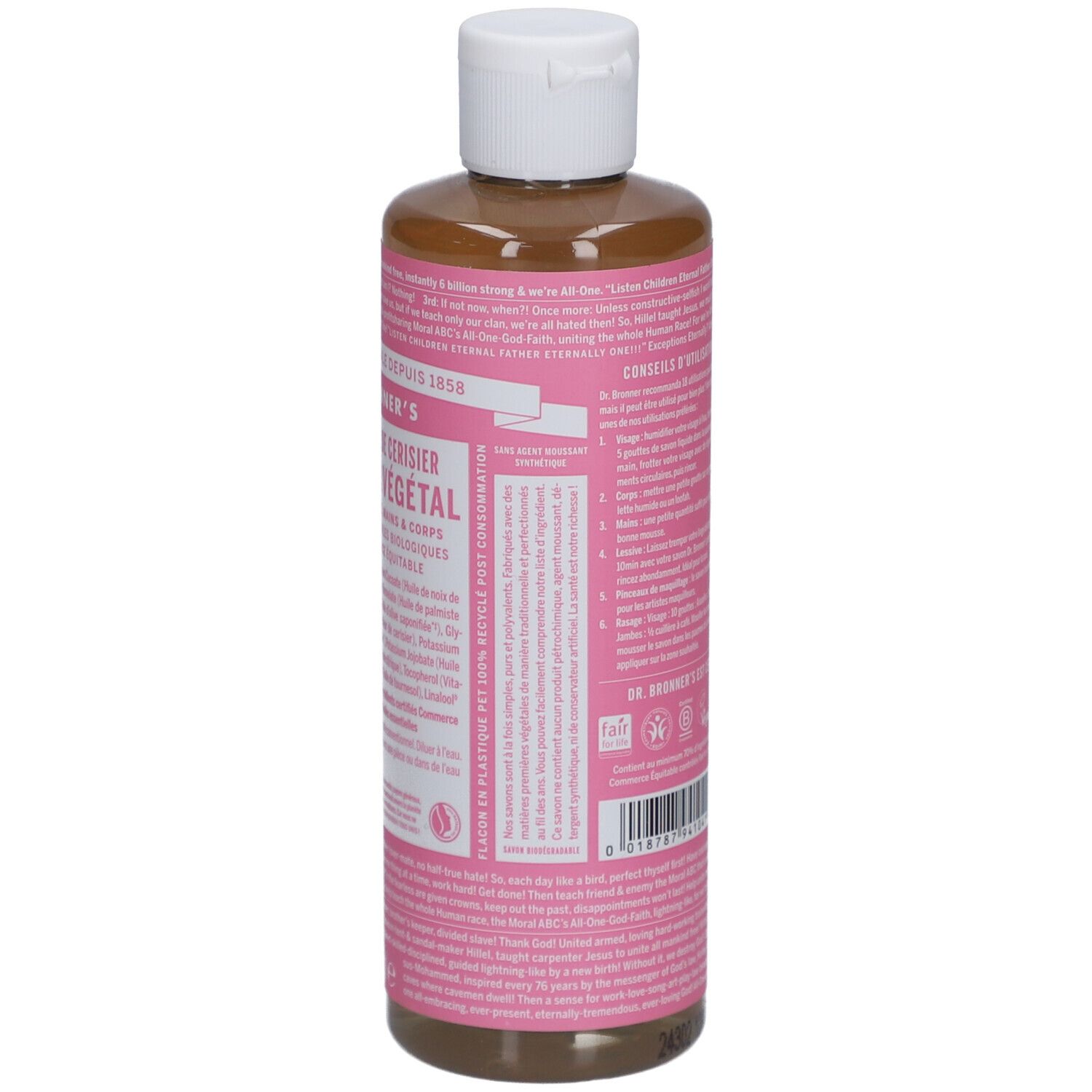 Achteraanzicht van de fles DR BRONNER'S 18-in-1 Fleur de Cerisier zeep. Roze etiket met tekst. Witte dop.