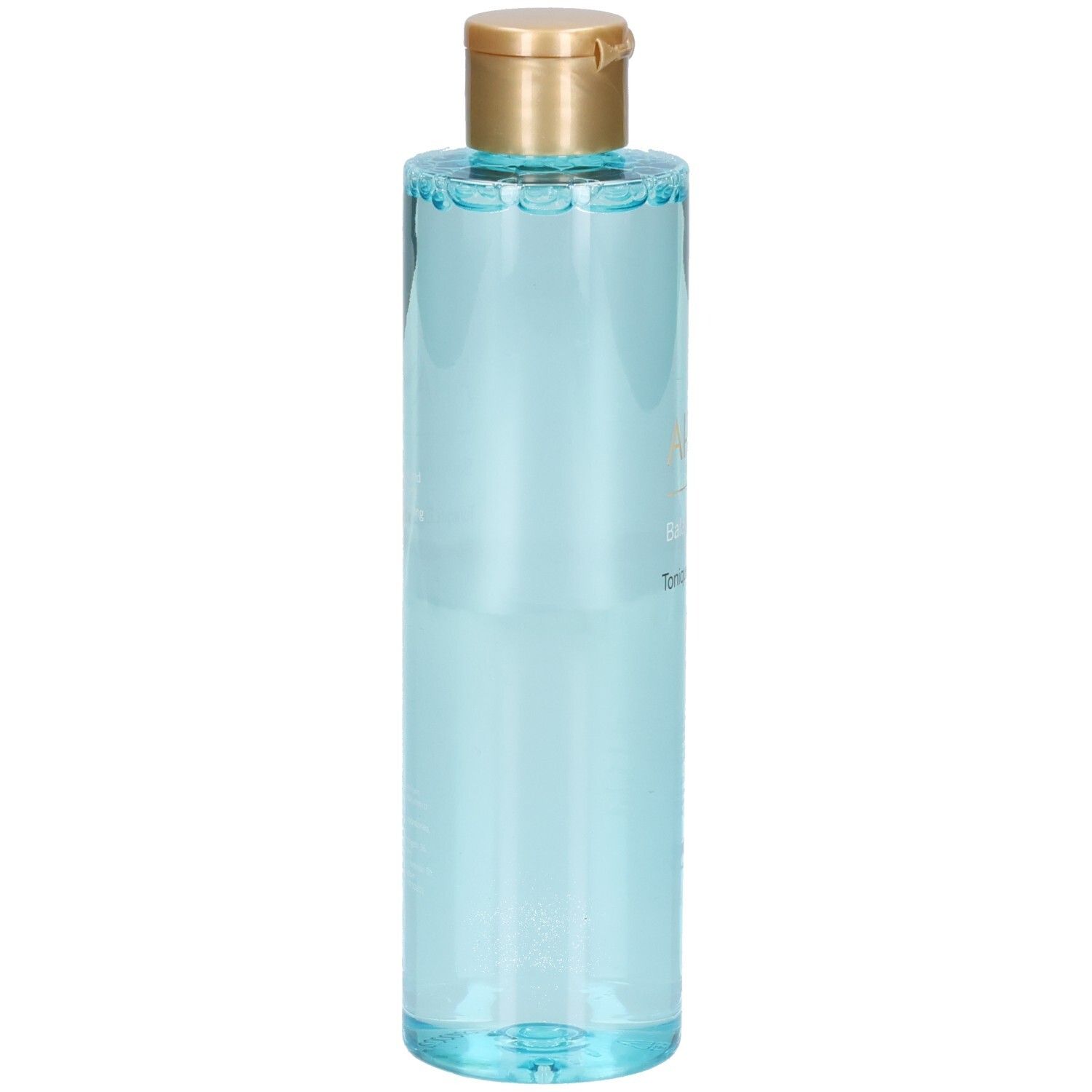 Flacon bleu transparent, bouchon doré. Aucun autre détail visible.