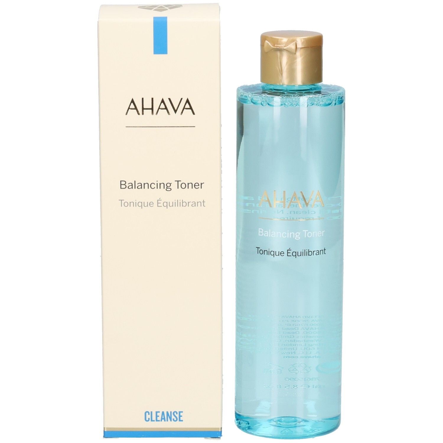 Flacon et emballage. Flacon: bleu, bouchon doré. Emballage: blanc, bande bleue, AHAVA.