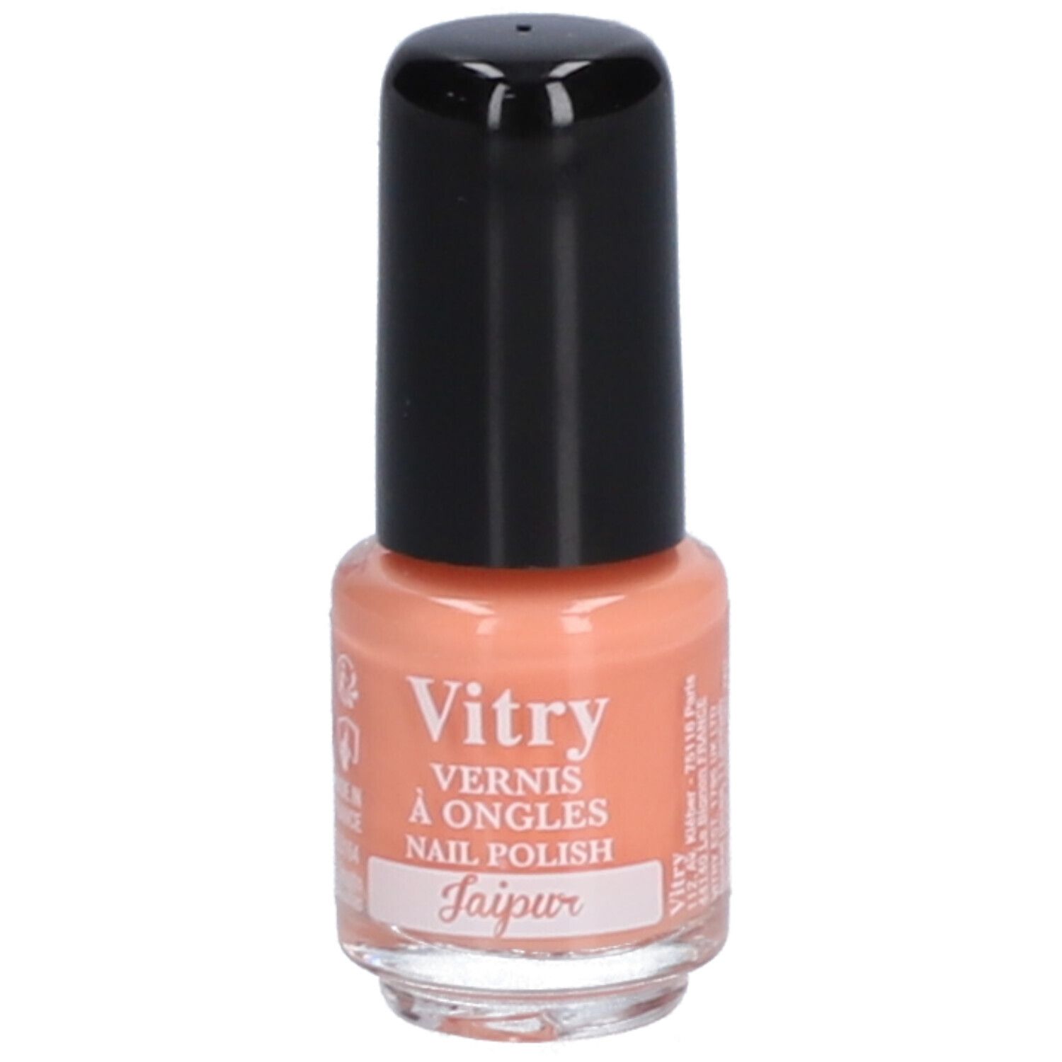 Nagellakflesje met zwarte dop. Opschrift: Vitry, Vernis à Ongles, Nail Polish, Jaipur. Perzik kleurige lak.