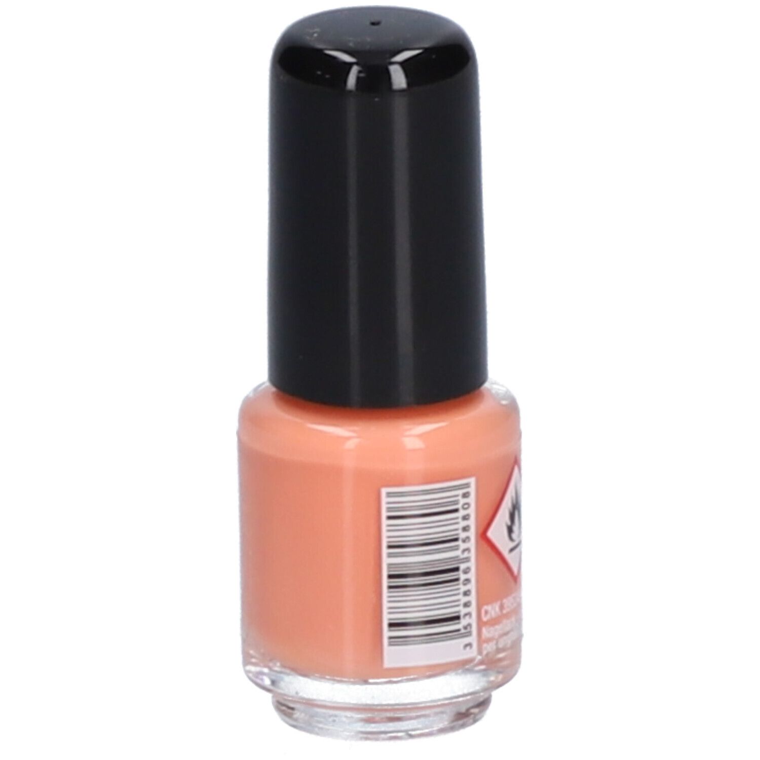 Achterkant nagellakflesje. Barcode, waarschuwing. Perzik kleurige lak.