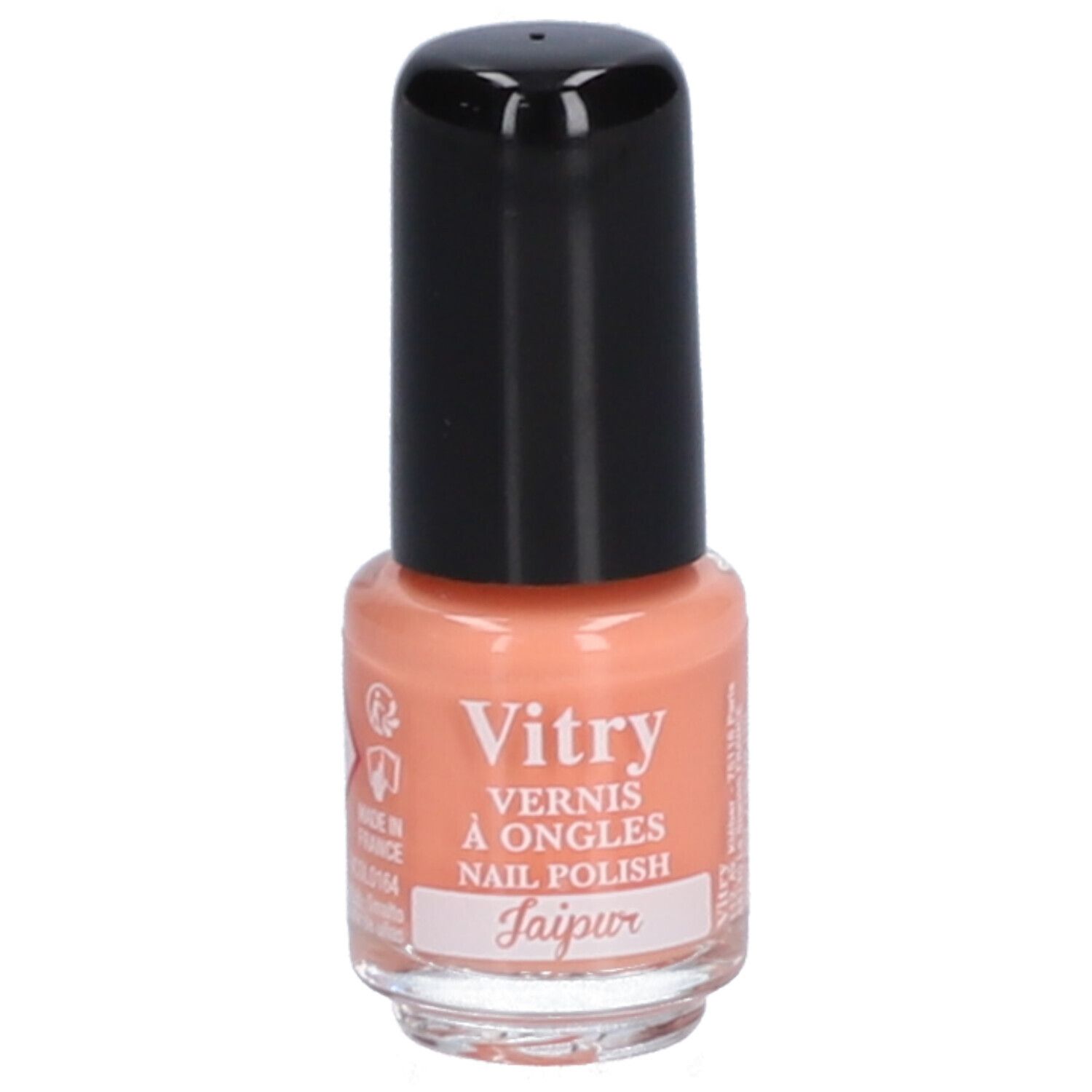 Nagellakflesje met zwarte dop. Opschrift: Vitry, Vernis à Ongles, Nail Polish, Jaipur. Perzik kleurige lak.