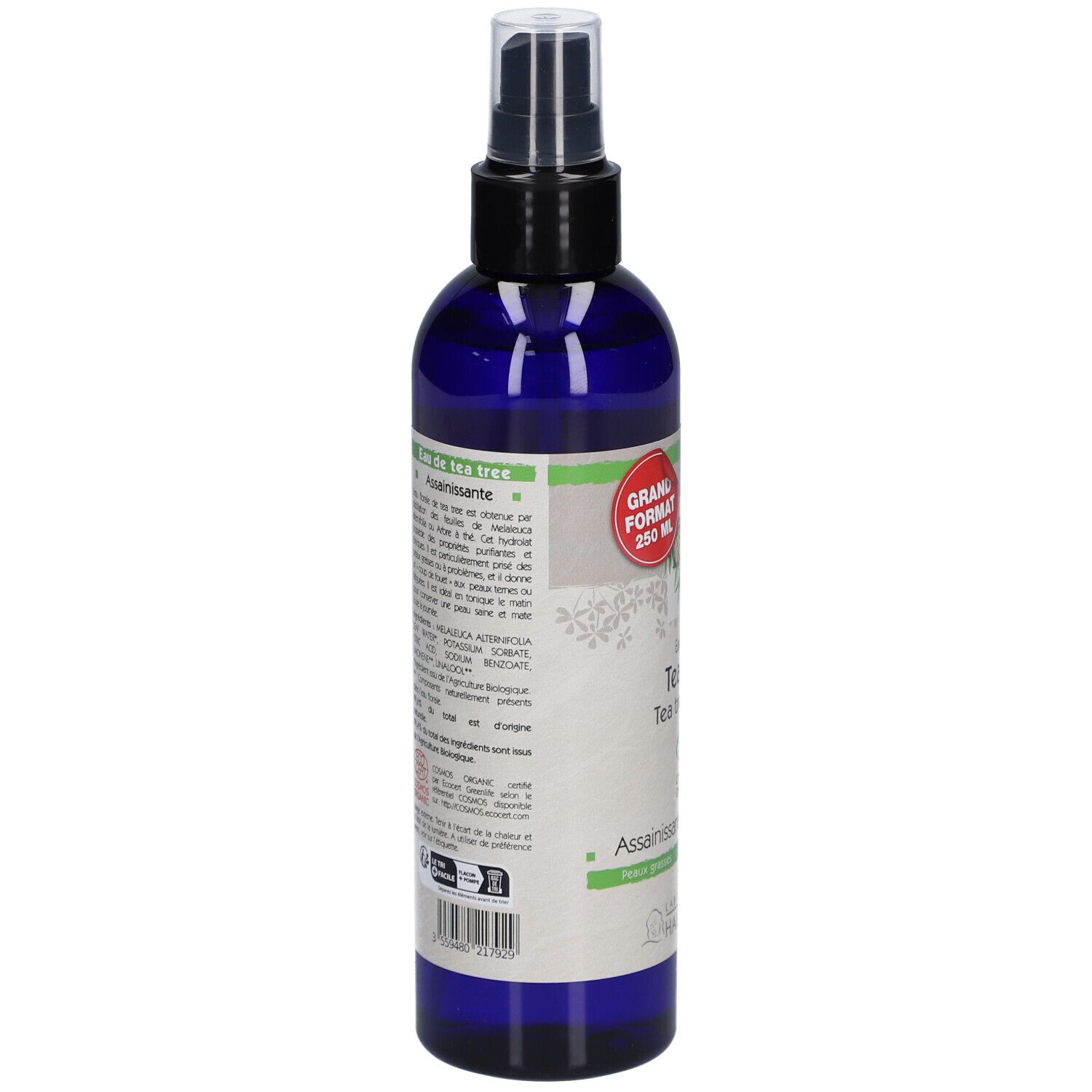 Flacon bleu avec vaporisateur. Dos avec texte et ingrédients. Certification bio. Grand format.