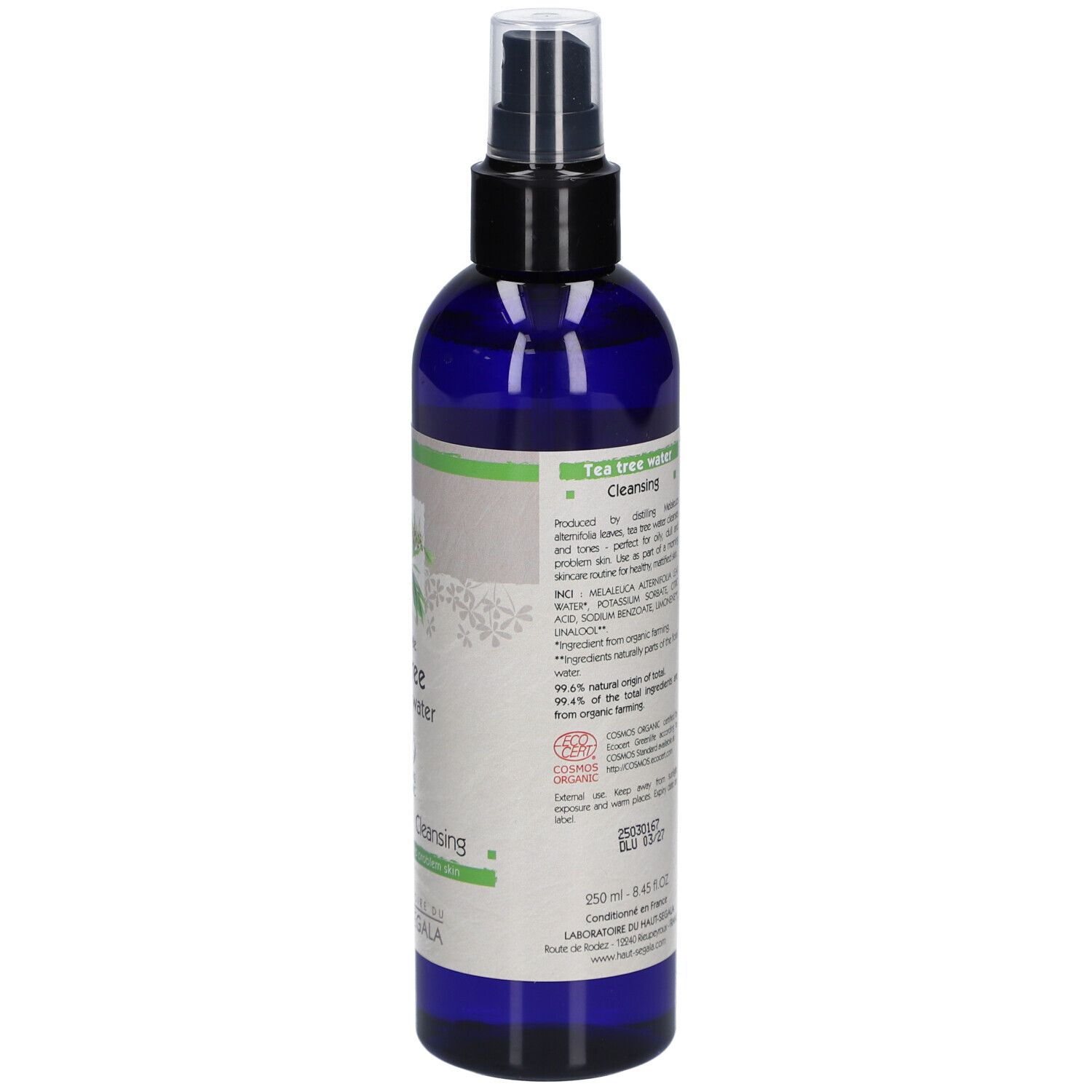 Flacon bleu avec vaporisateur. Dos avec texte et ingrédients. Certification bio. Grand format.