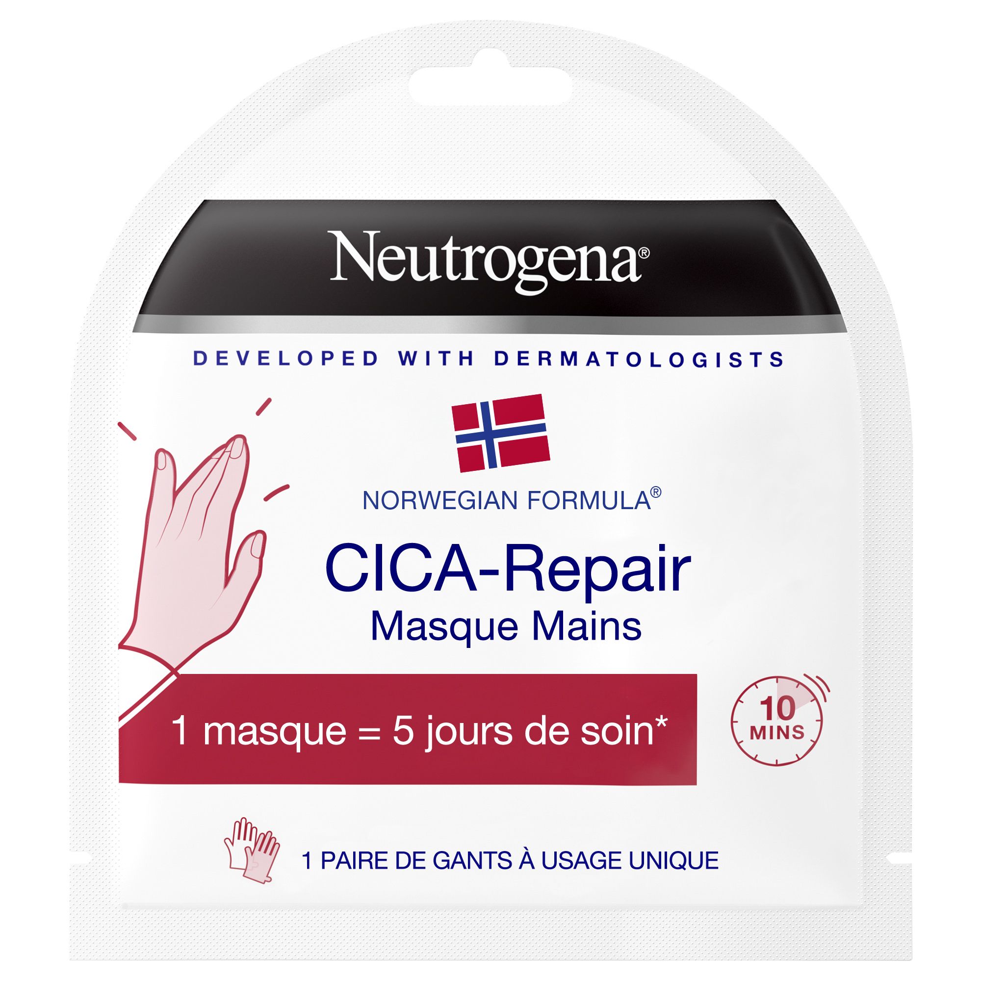 Neutrogena CICA-Repair Masque Mains. Emballage blanc. Nom du produit, dessin de main, drapeau norvégien. 1 masque = 5 jours de soin, 10 minutes.