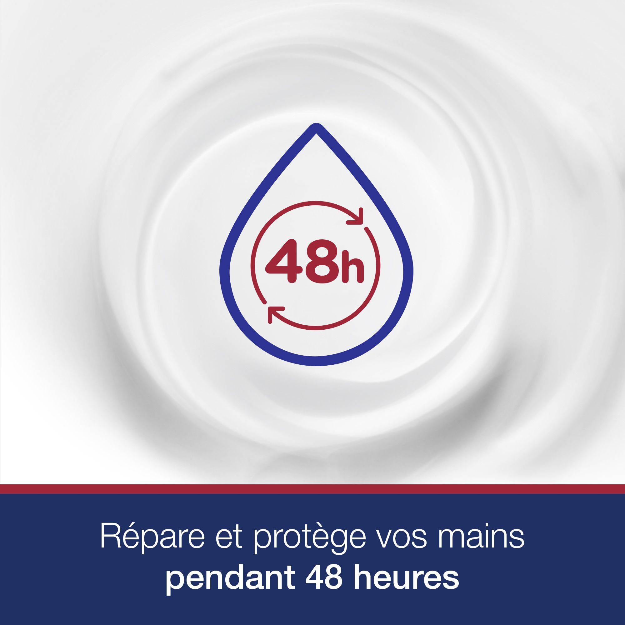 Symbole de goutte bleue avec symbole 48h. Texte: Répare et protège vos mains pendant 48 heures.