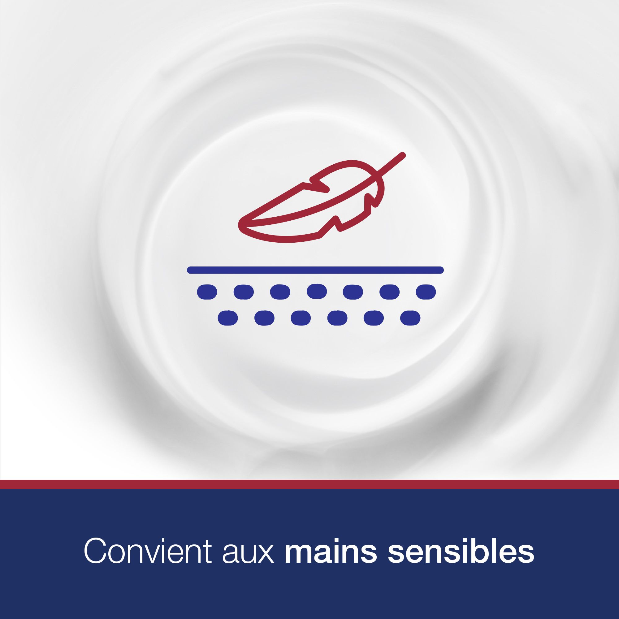 Symbole de plume sur peau. Texte: Convient aux mains sensibles.