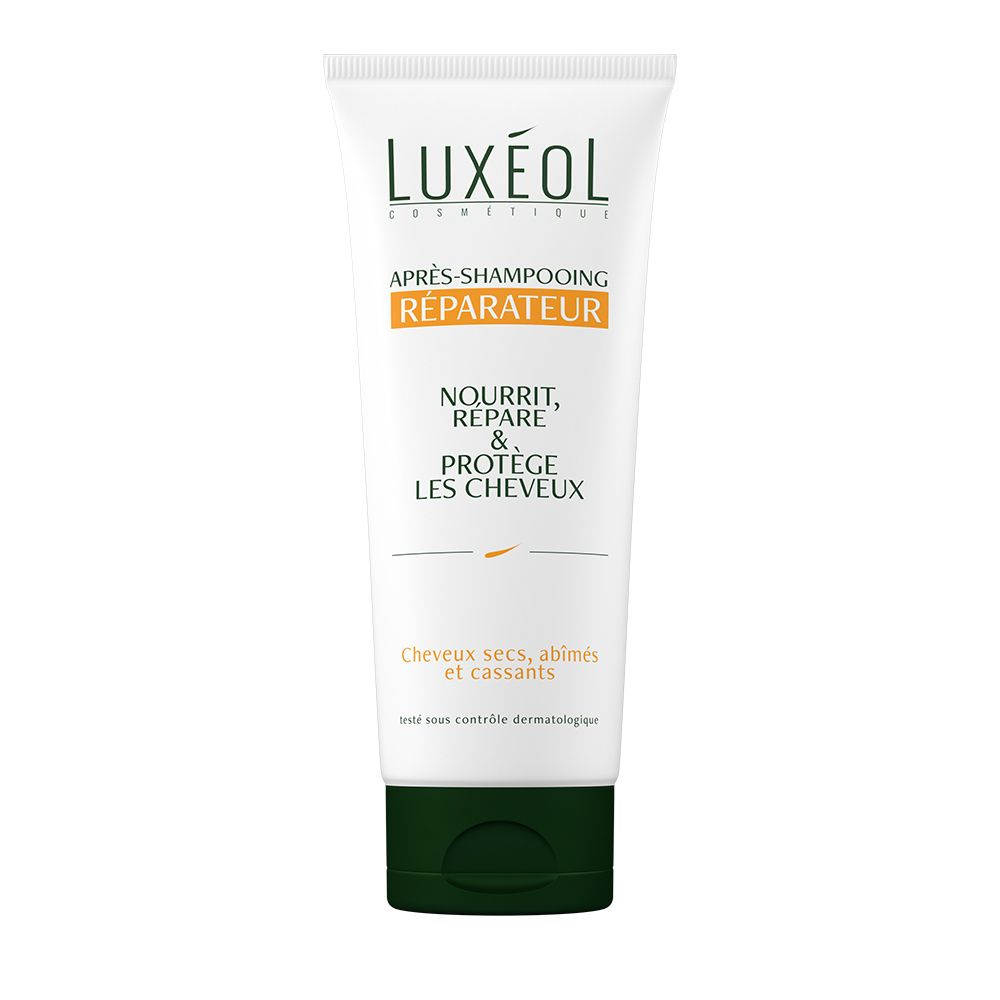 Witte tube met groene dop. Tekst: LUXÉOL, Après-shampooing Réparateur, Nourrit, Répare & Protège les Cheveux. Voor droog, beschadigd haar.
