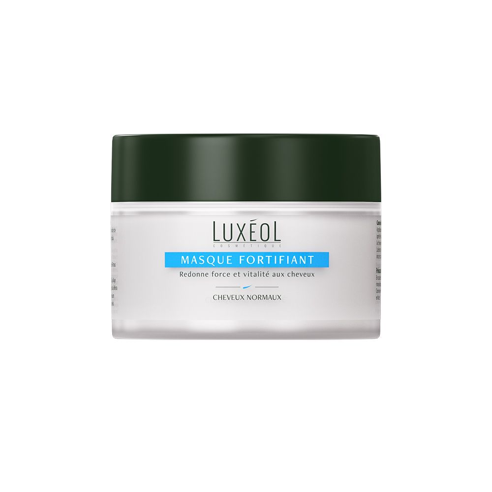 Pot de masque capillaire LUXÉOL, blanc et vert. Inscription: Masque Fortifiant, pour cheveux normaux.
