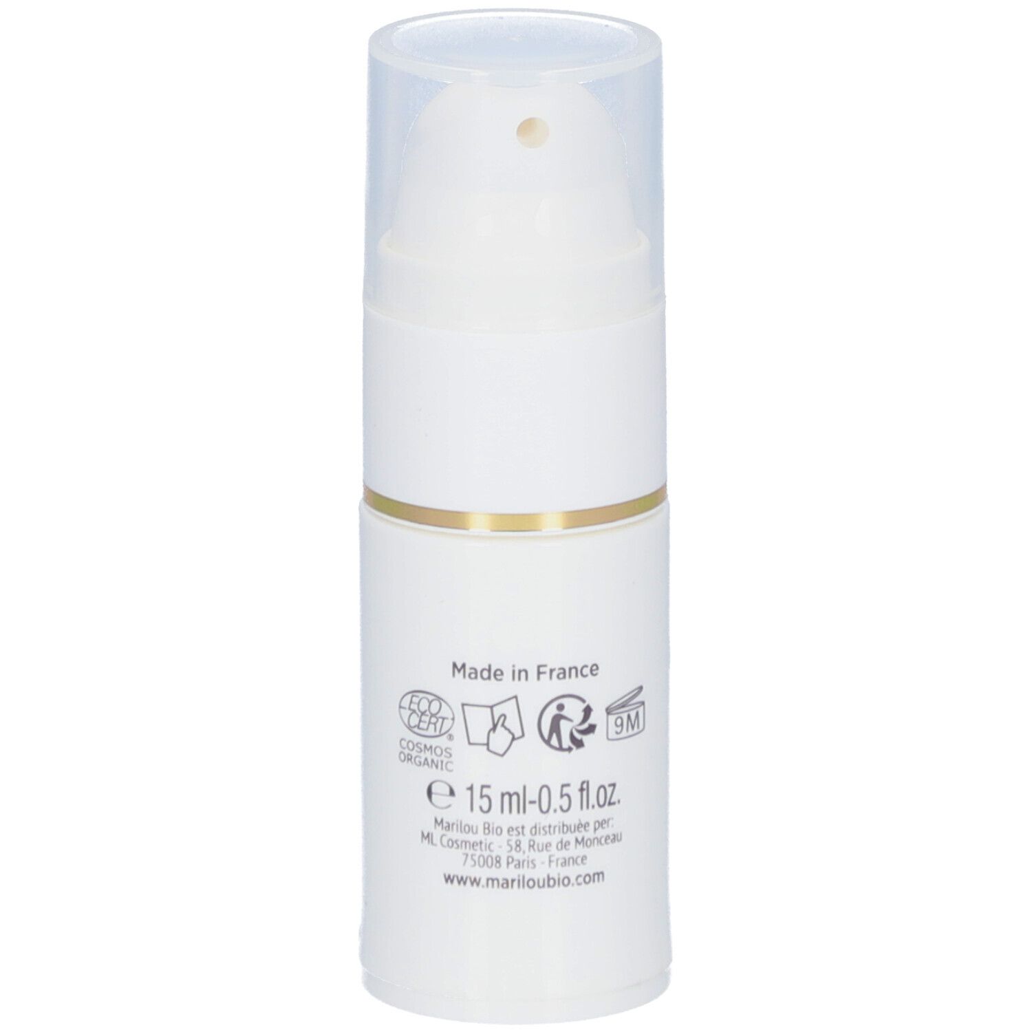 Witte flacon met pomp. Opschrift: Made in France, logo's. E 15 ml - 0.5 fl.oz. Marilou Bio, adres, website.