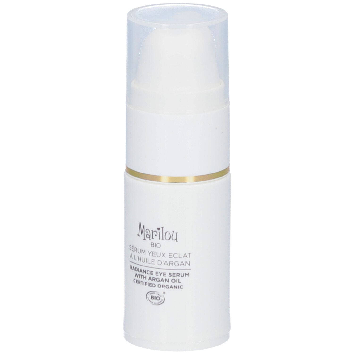 Witte flacon met pomp. Opschrift: Marilou Bio, Sérum Yeux Éclat, Radiance Eye Serum, met arganolie. Bio-certificering.