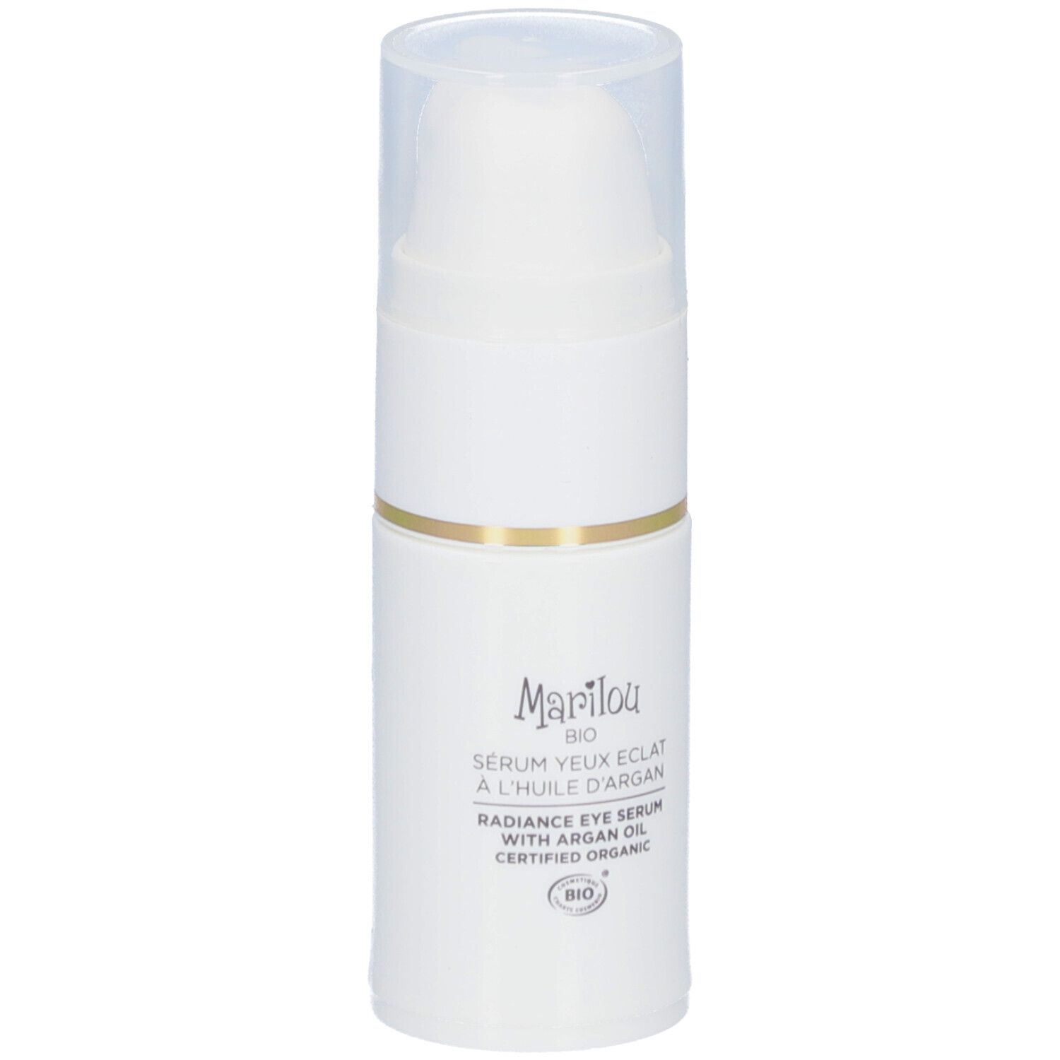 Witte flacon met pomp. Opschrift: Marilou Bio, Sérum Yeux Éclat, Radiance Eye Serum, met arganolie. Bio-certificering.