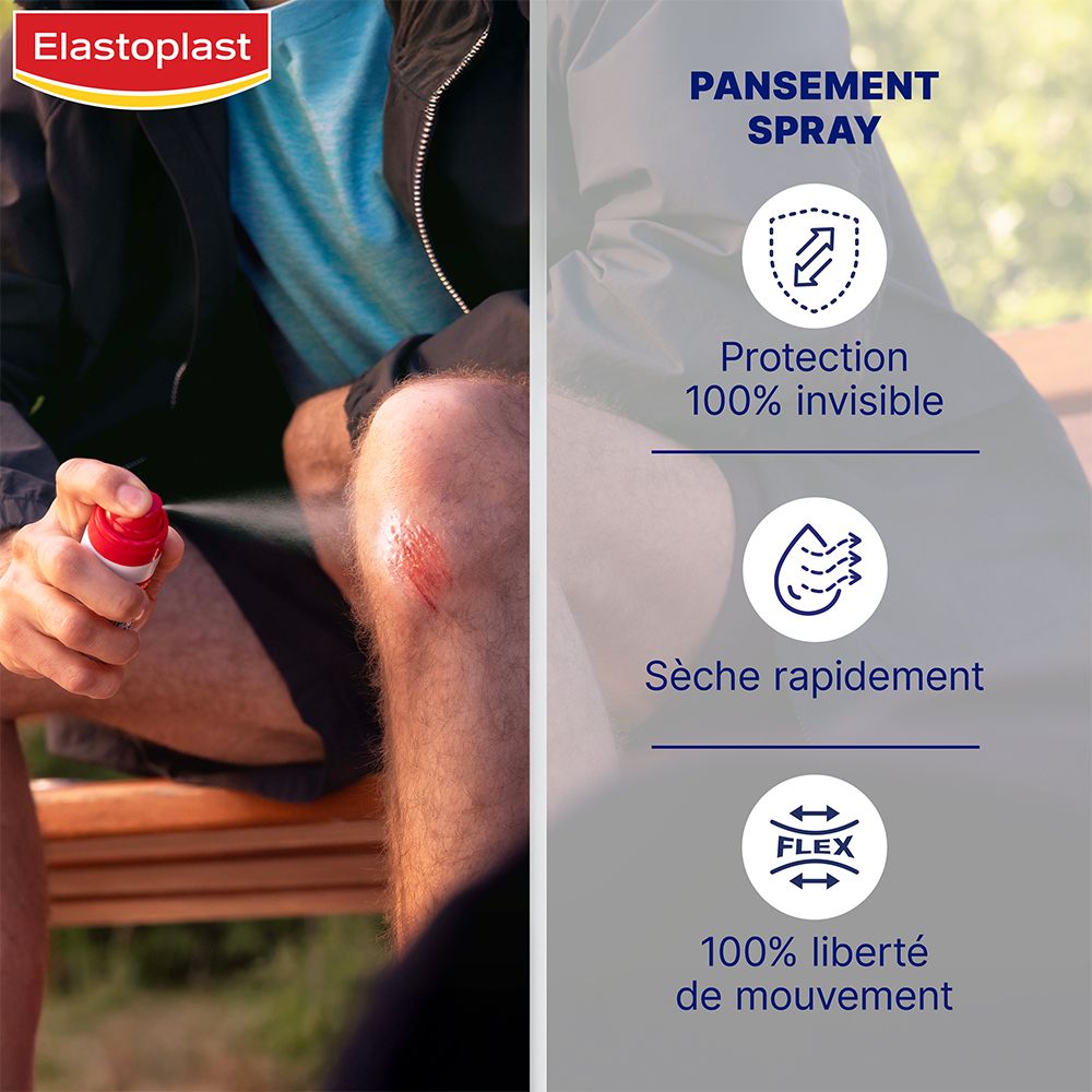 Persoon spuit sprayverband op knie. Spuitbus met rode sproeikop. Tekst: bescherming, droogt snel, flexibel.
