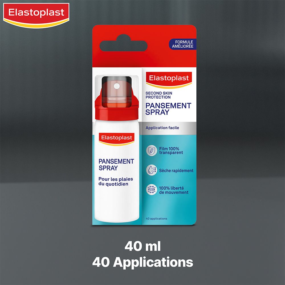 Elastoplast Sprayverband in verpakking. Rode en witte fles met sproeikop. Verpakking met 40 ml en 40 toepassingen.