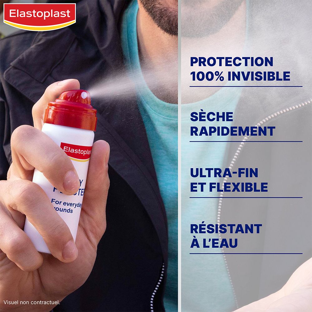 Persoon spuit sprayverband. Spuitbus met rode sproeikop. Tekst: bescherming, droogt snel, ultrafijn en flexibel.
