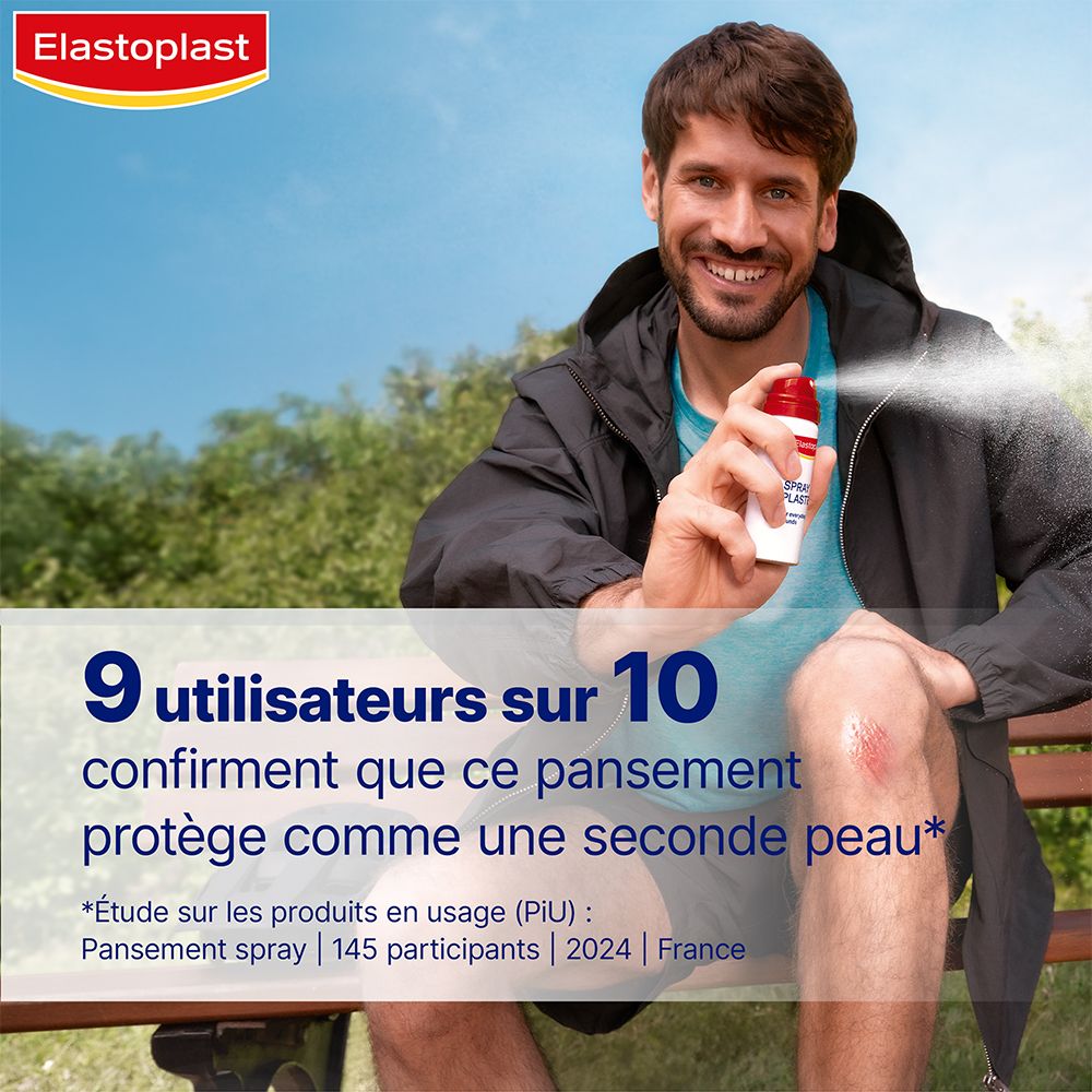 Man spuit sprayverband op knie. Tekst: 9 van de 10 gebruikers bevestigen bescherming als een tweede huid.